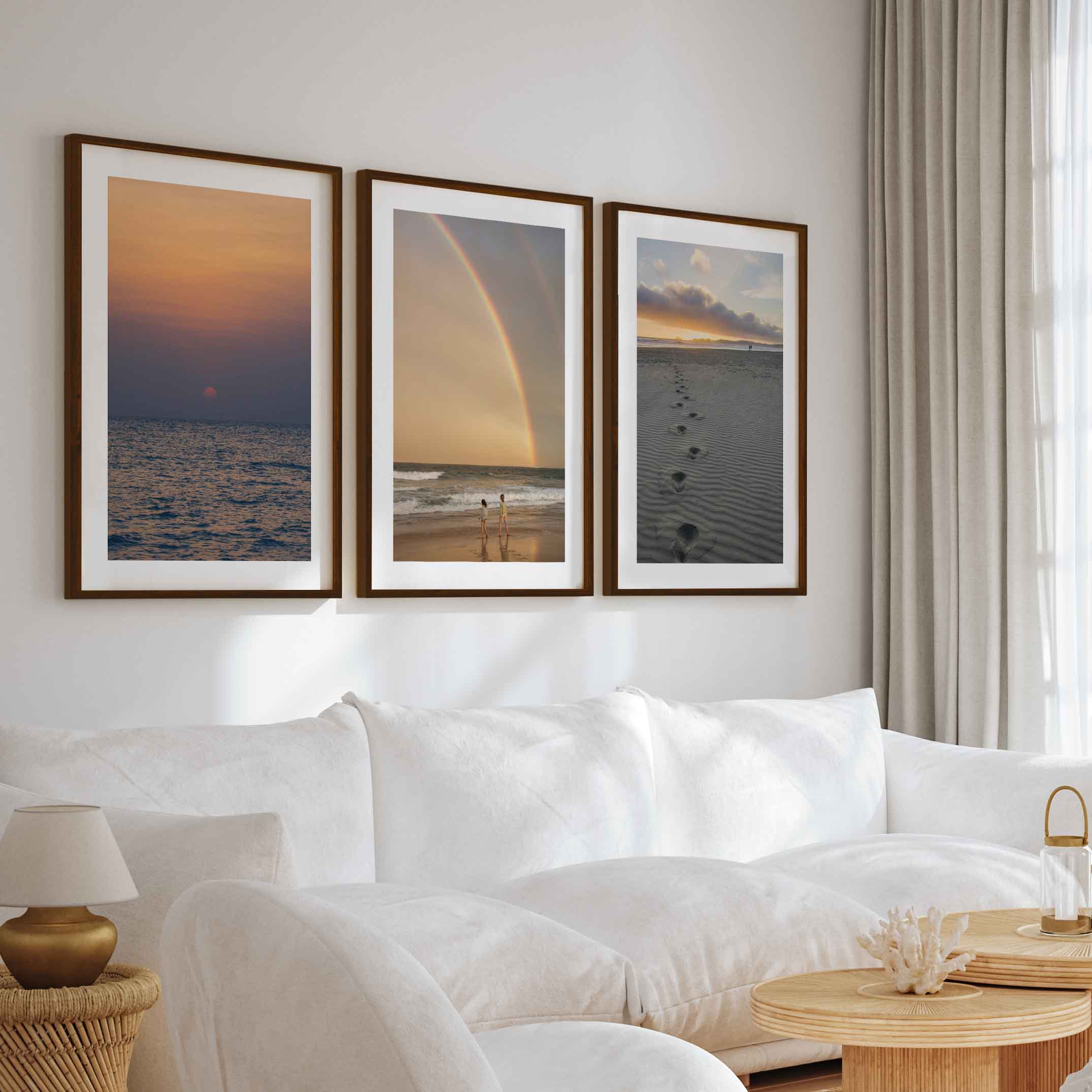 Coastal Wall Pictures – Sunset, Rainbow & Footprints (Set of 3) - Dark Brown Framed Poster with White Border - Artworksets