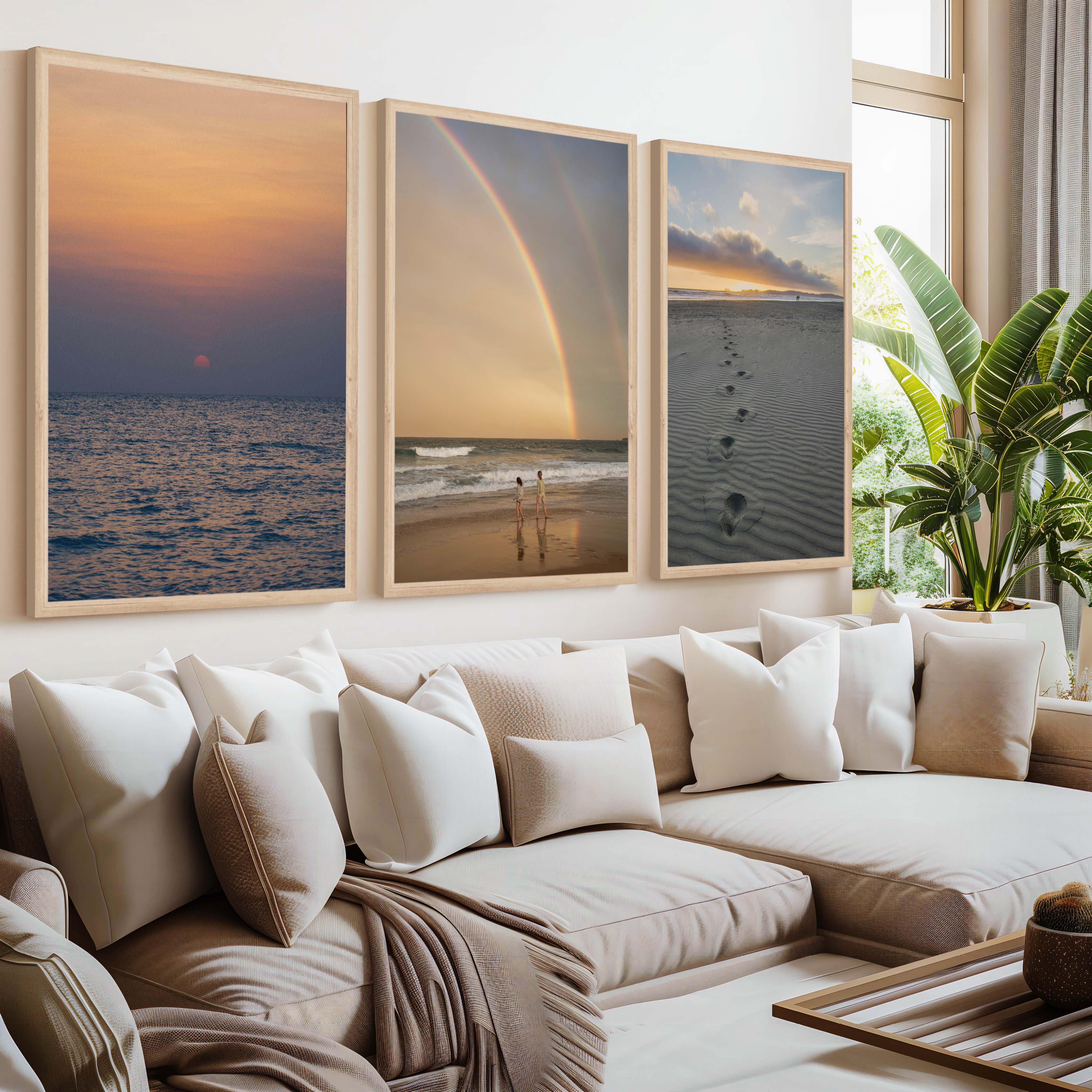 Coastal Wall Pictures – Sunset, Rainbow & Footprints (Set of 3) - Natural Wood Framed Poster No Border - Artworksets