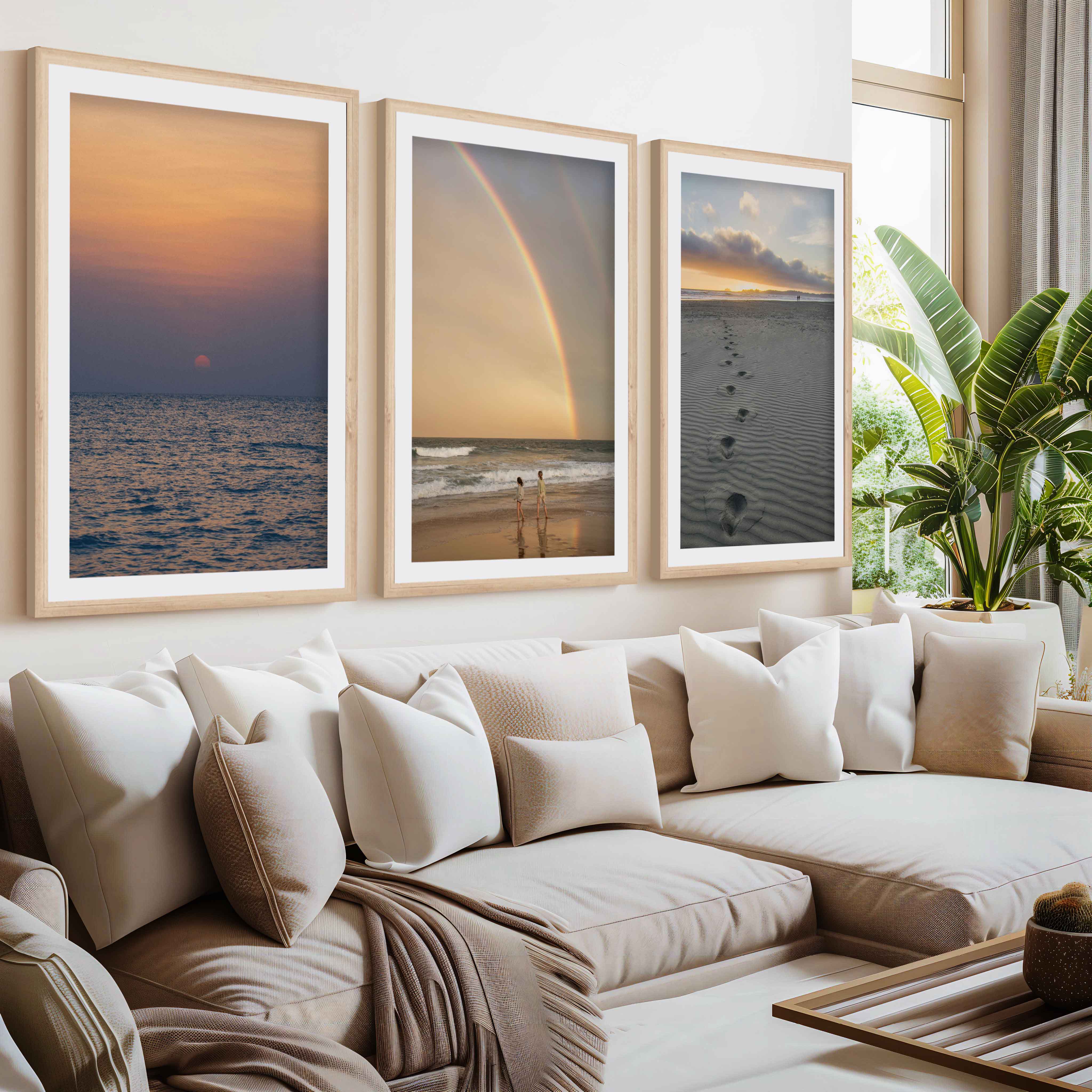 Coastal Wall Pictures – Sunset, Rainbow & Footprints (Set of 3)- Natural Wood Framed Poster with White Border - Artworksets