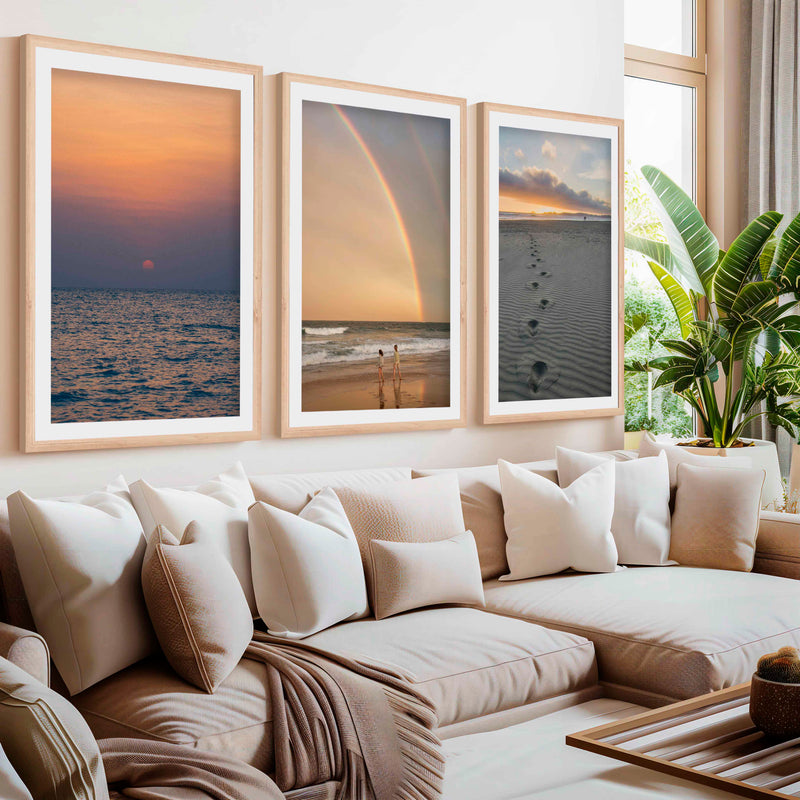 Coastal Wall Pictures – Sunset, Rainbow & Footprints (Set of 3)- Natural Wood Framed Poster with White Border - Artworksets