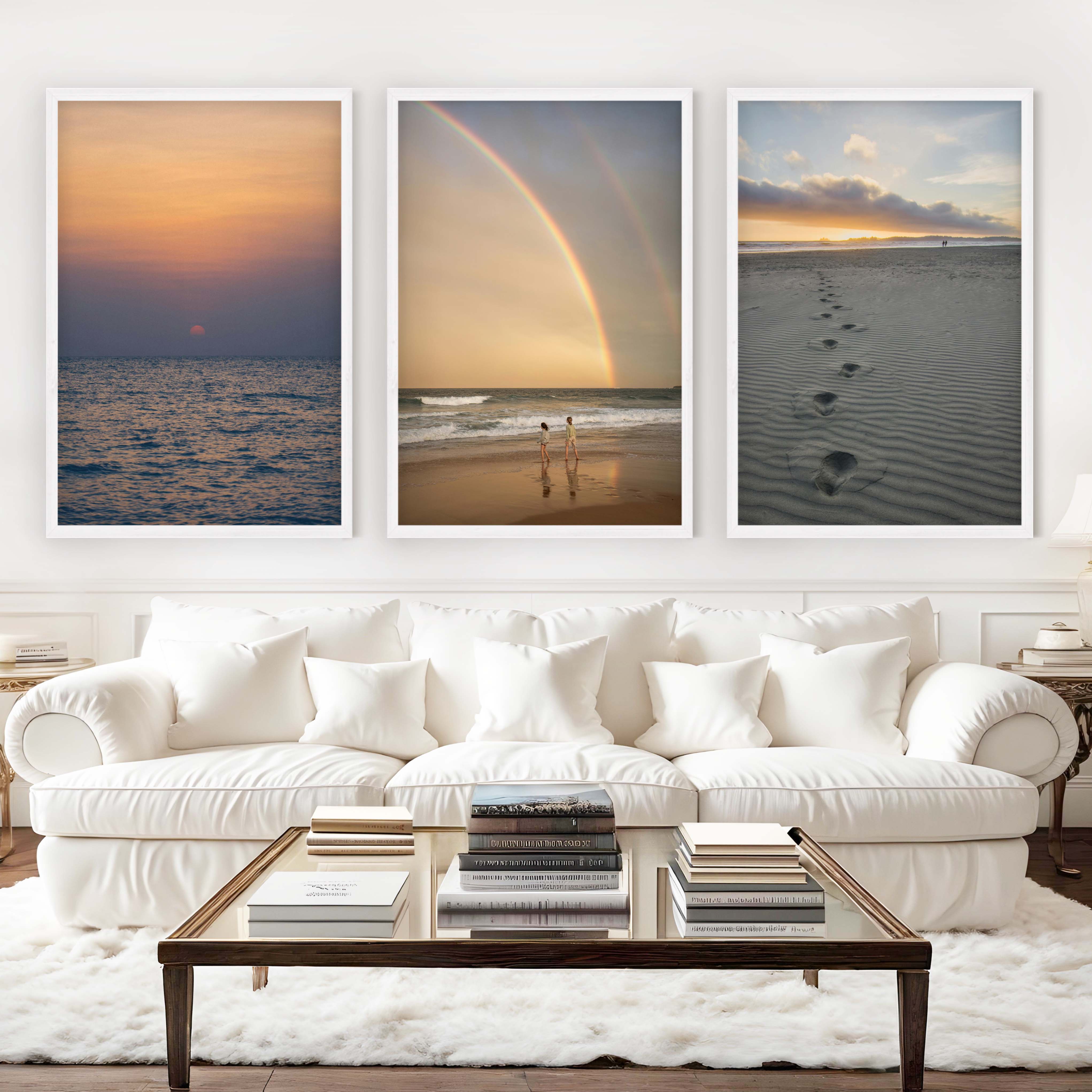 Coastal Wall Pictures – Sunset, Rainbow & Footprints (Set of 3) - White Framed Poster No Border - Artworksets