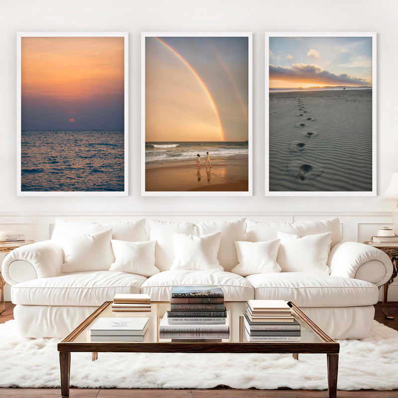 Coastal Wall Pictures – Sunset, Rainbow & Footprints (Set of 3) - White Framed Poster No Border - Artworksets