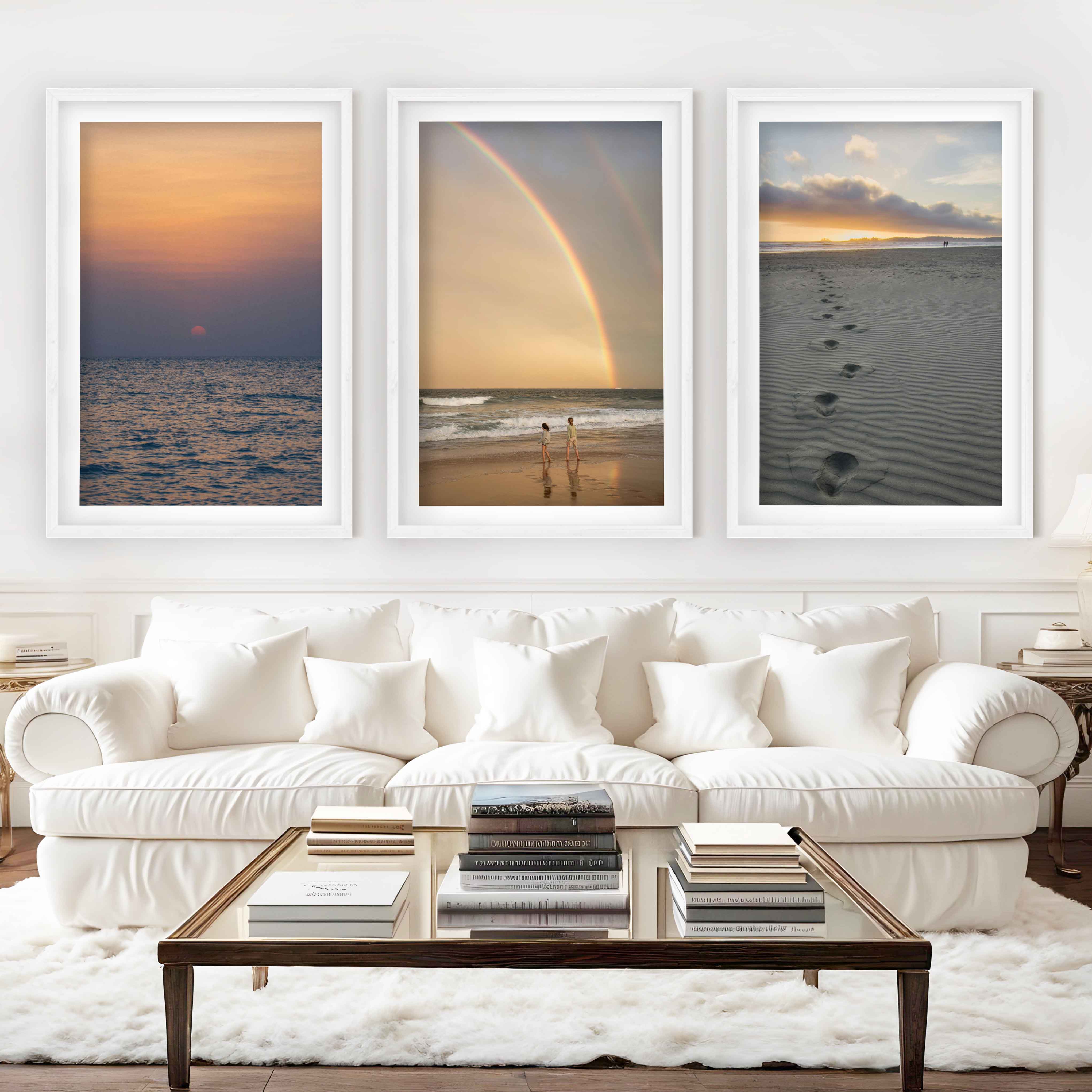 Coastal Wall Pictures – Sunset, Rainbow & Footprints (Set of 3) - White Framed Poster with White Border - Artworksets