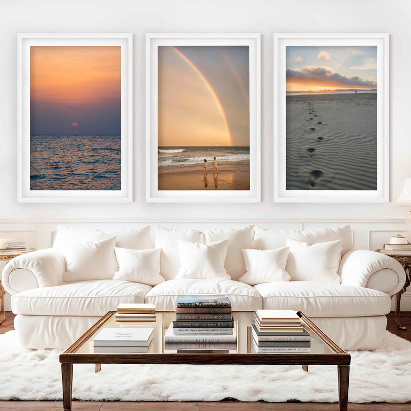 Coastal Wall Pictures – Sunset, Rainbow & Footprints (Set of 3) - White Framed Poster with White Border - Artworksets