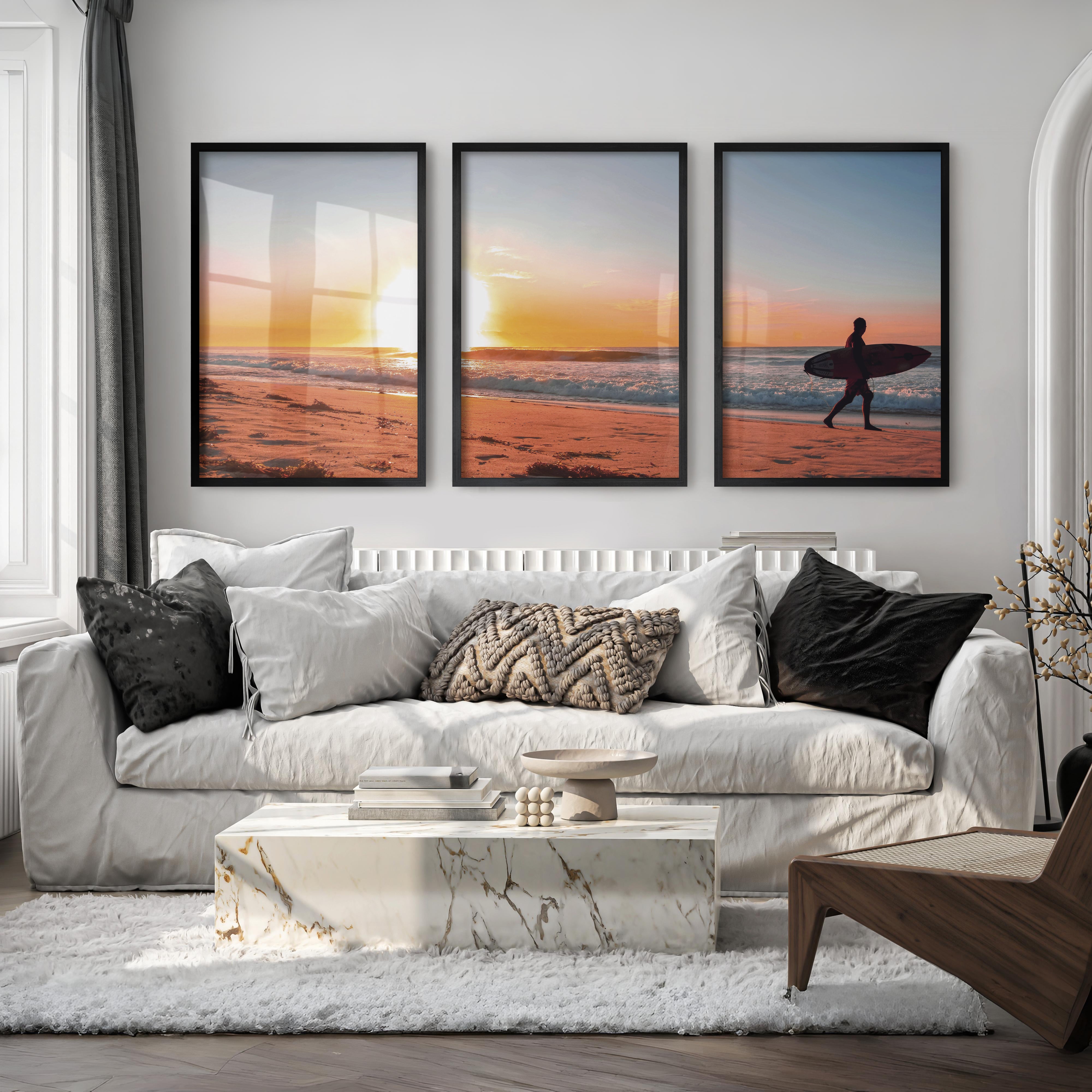 Sunset Beach Surfer coastal wall prints - Black Framed Poster No Border - Artworksets