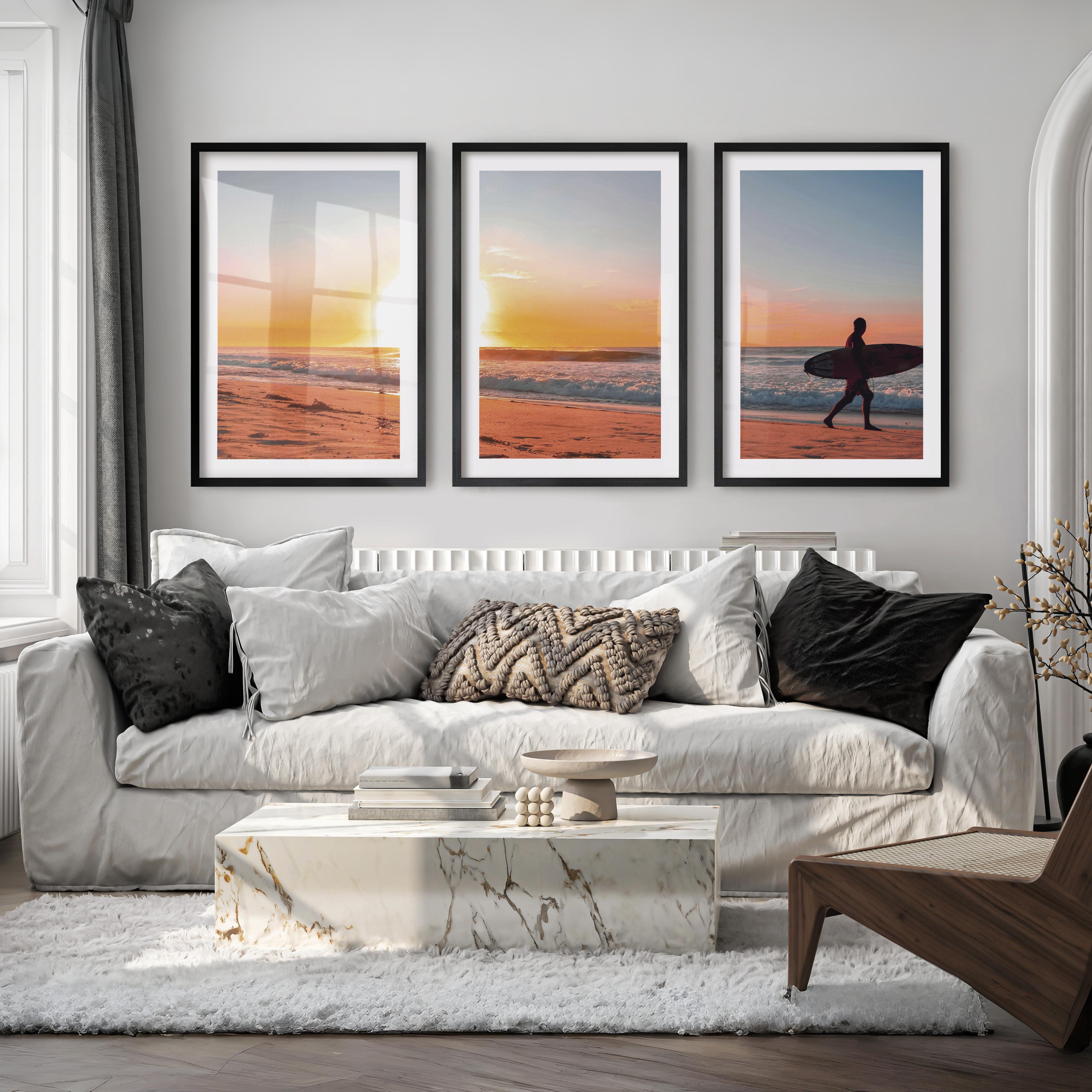 Sunset Beach Surfer coastal wall prints - Black Framed Poster with White Border - Artworksets