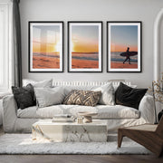 Sunset Beach Surfer coastal wall prints - Black Framed Poster with White Border - Artworksets