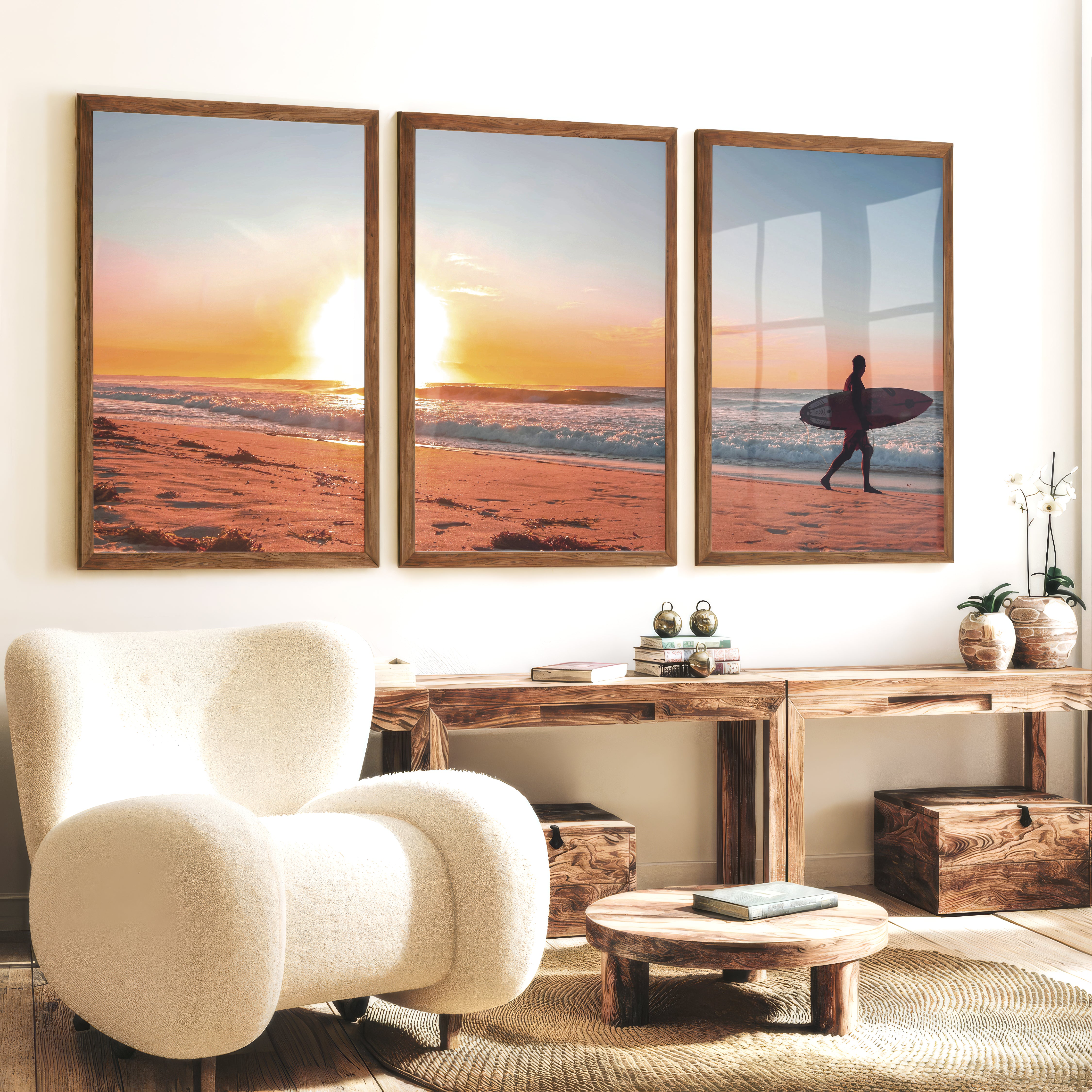 Sunset Beach Surfer coastal wall prints - Dark Brown Framed Poster No Border - Artworksets