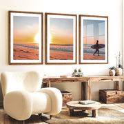 Sunset Beach Surfer coastal wall prints - Dark Brown Framed Poster with White Border - Artworksets