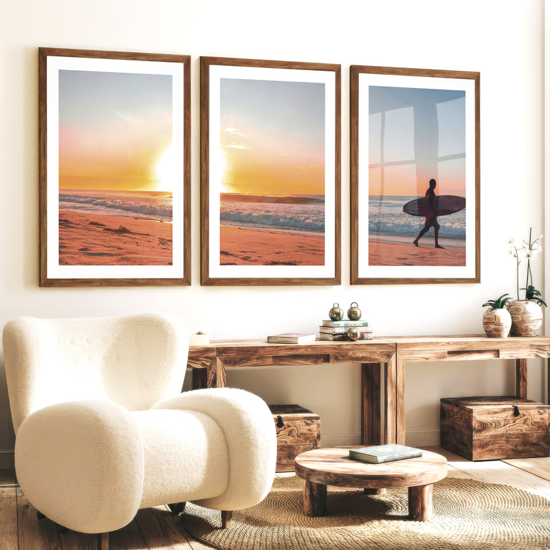 Sunset Beach Surfer coastal wall prints - Dark Brown Framed Poster with White Border - Artworksets