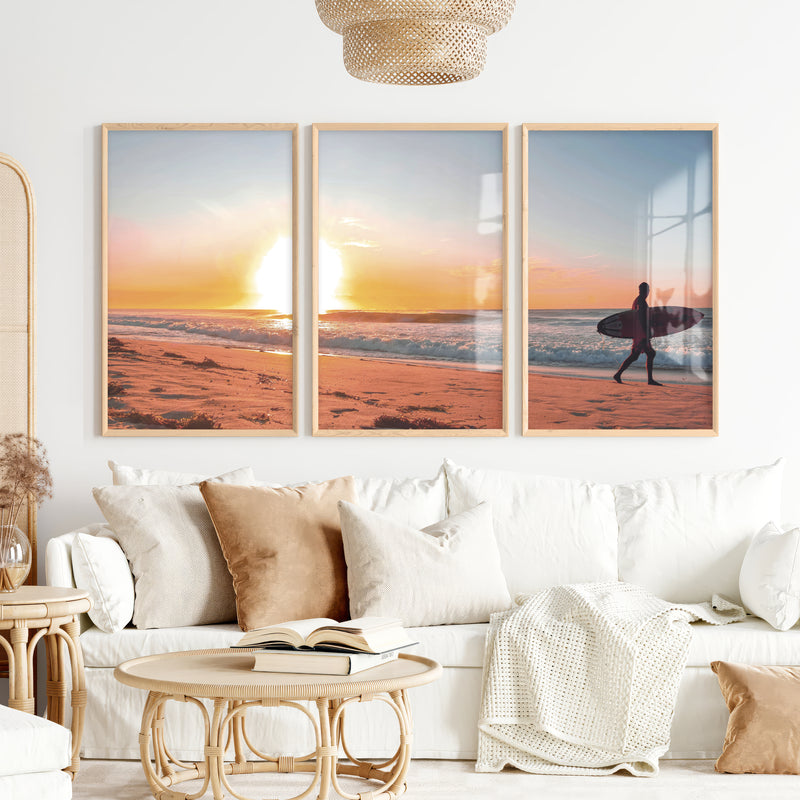 Sunset Beach Surfer coastal wall prints - Natural Wood Framed Poster No Border - Artworksets