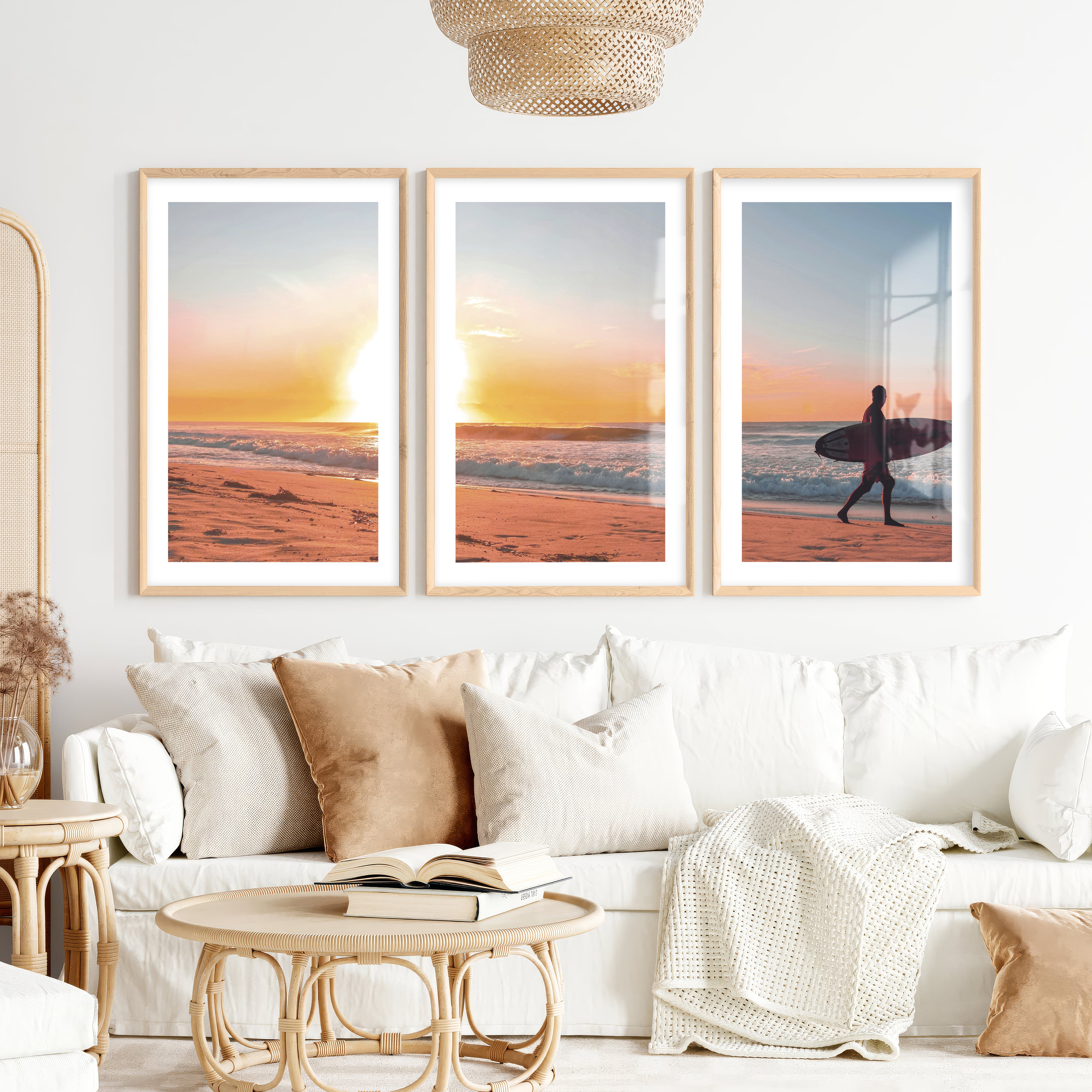 Sunset Beach Surfer coastal wall prints- Natural Wood Framed Poster with White Border - Artworksets