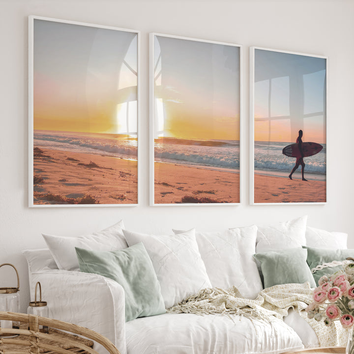 Sunset Beach Surfer coastal wall prints - White Framed Poster No Border - Artworksets