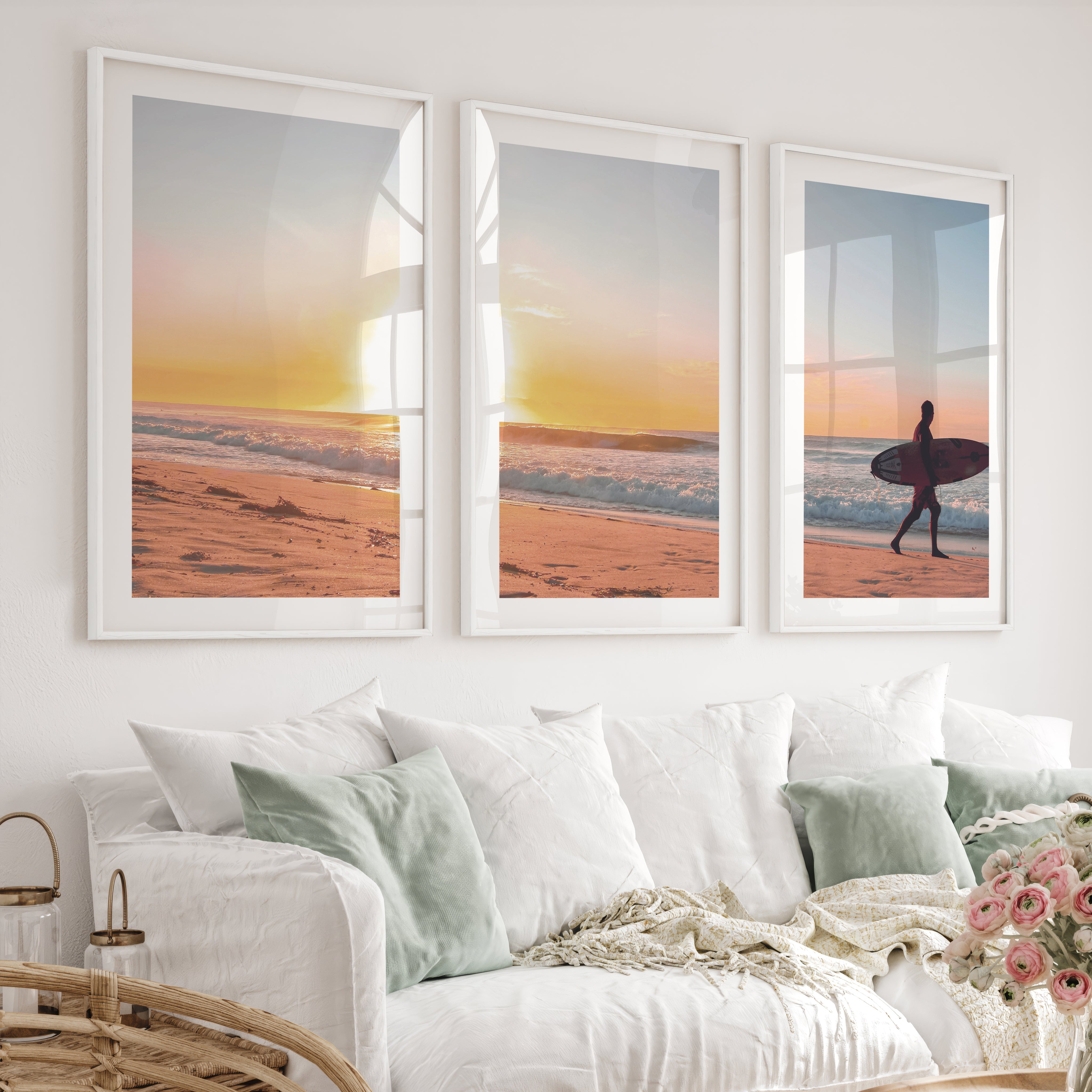 Sunset Beach Surfer coastal wall prints - White Framed Poster with White Border - Artworksets