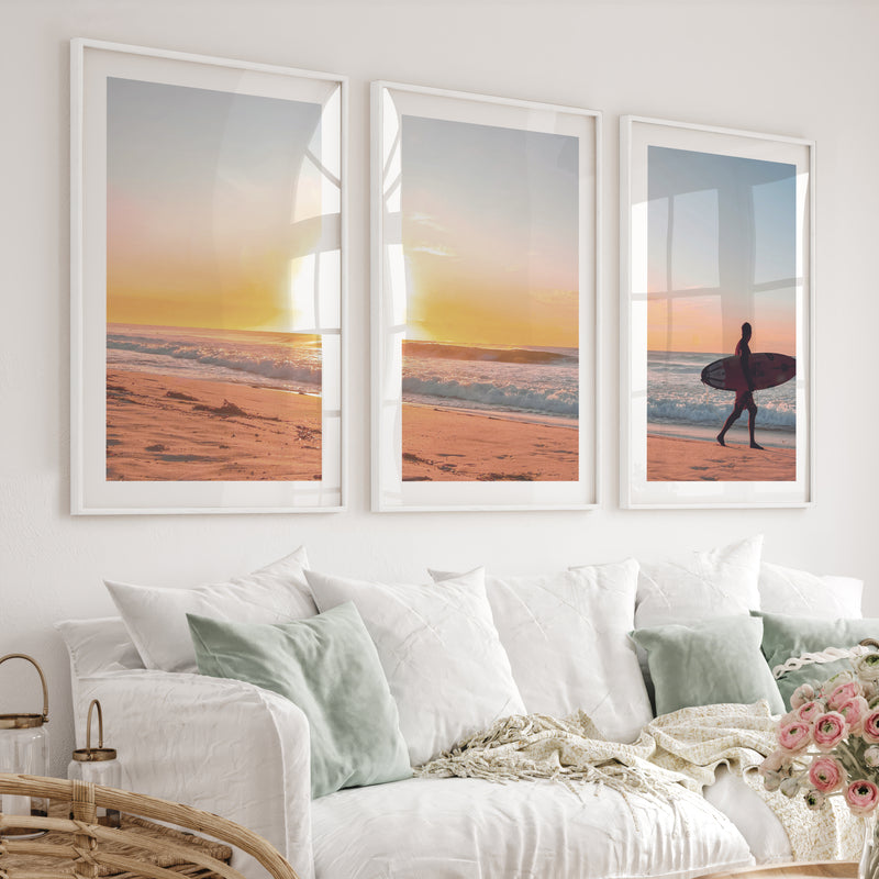 Sunset Beach Surfer coastal wall prints - White Framed Poster with White Border - Artworksets