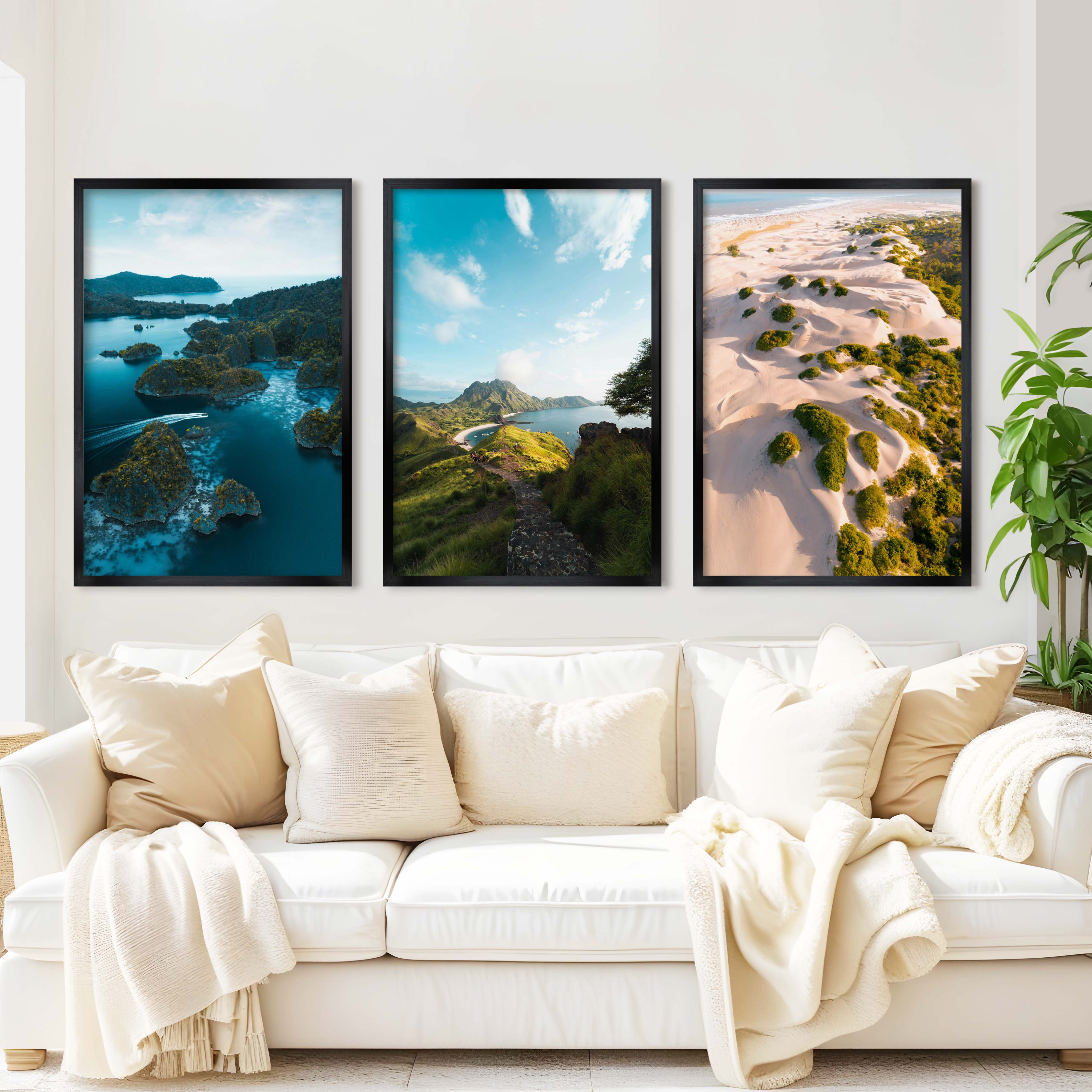 Coastal Wall Prints – Scenic Tropical Views (Set of 3) - Black Framed Poster No Border - Artworksets