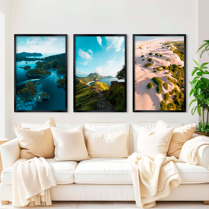 Coastal Wall Prints – Scenic Tropical Views (Set of 3) - Black Framed Poster No Border - Artworksets