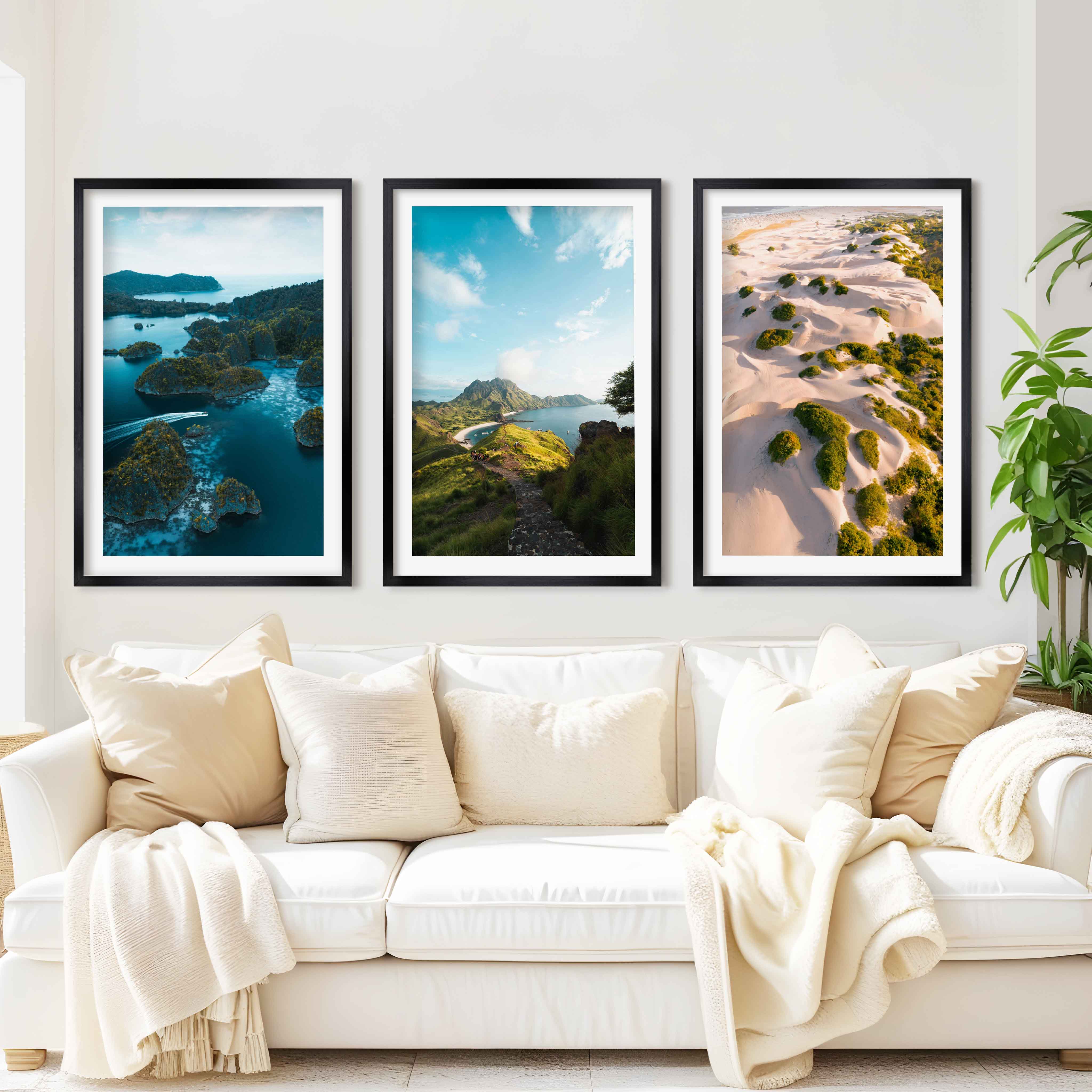 Coastal Wall Prints – Scenic Tropical Views (Set of 3) - Black Framed Poster with White Border - Artworksets