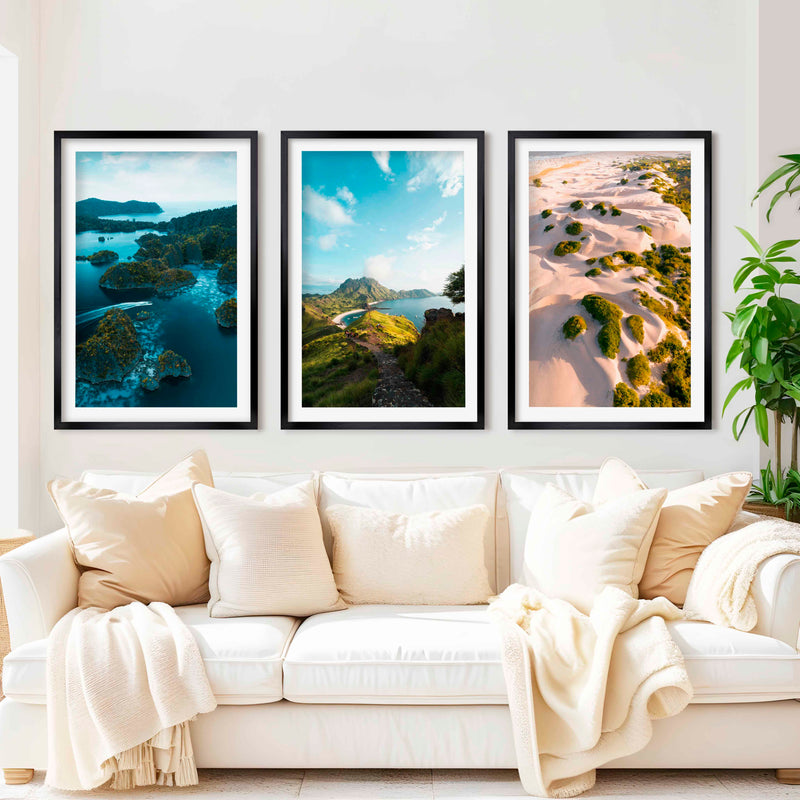 Coastal Wall Prints – Scenic Tropical Views (Set of 3) - Black Framed Poster with White Border - Artworksets