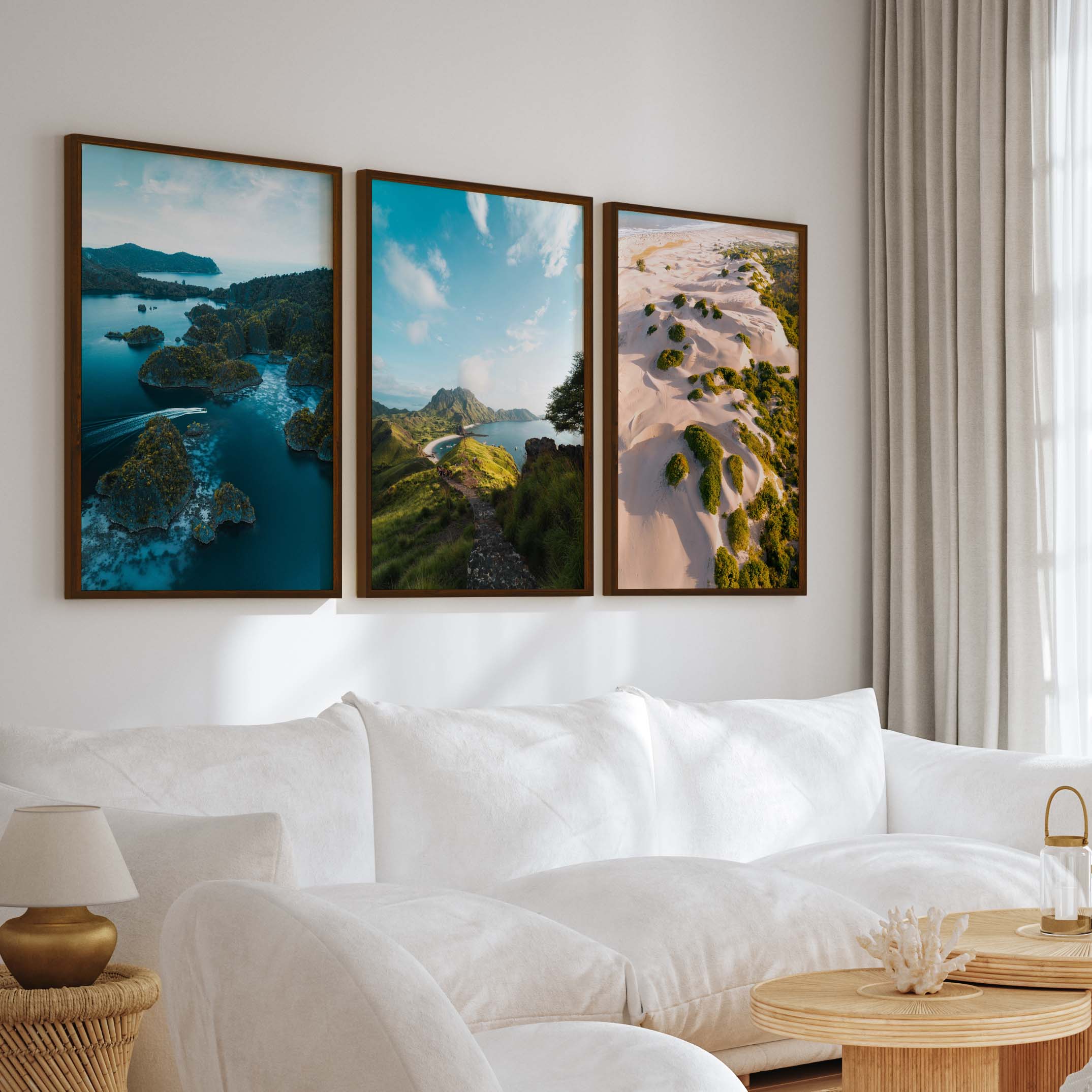 Coastal Wall Prints – Scenic Tropical Views (Set of 3) - Dark Brown Framed Poster No Border - Artworksets