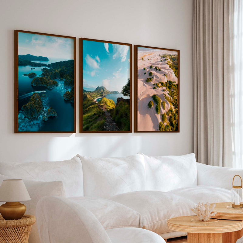 Coastal Wall Prints – Scenic Tropical Views (Set of 3) - Dark Brown Framed Poster No Border - Artworksets