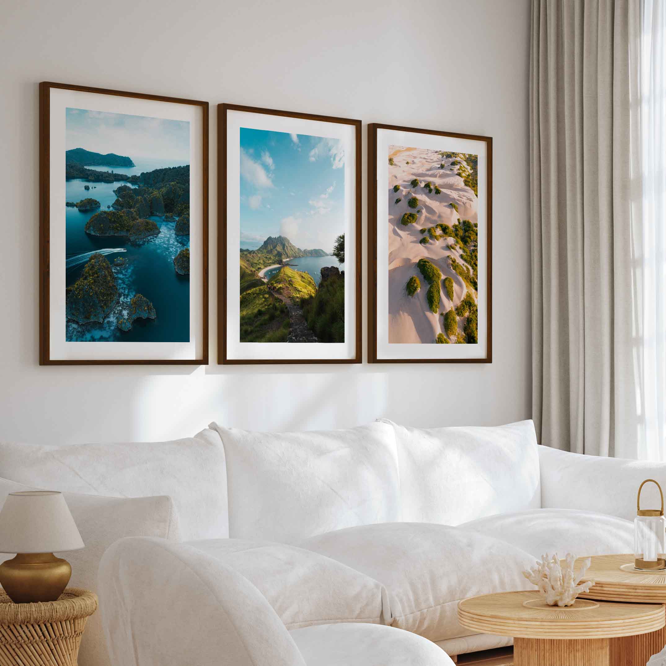 Coastal Wall Prints – Scenic Tropical Views (Set of 3) - Dark Brown Framed Poster with White Border - Artworksets