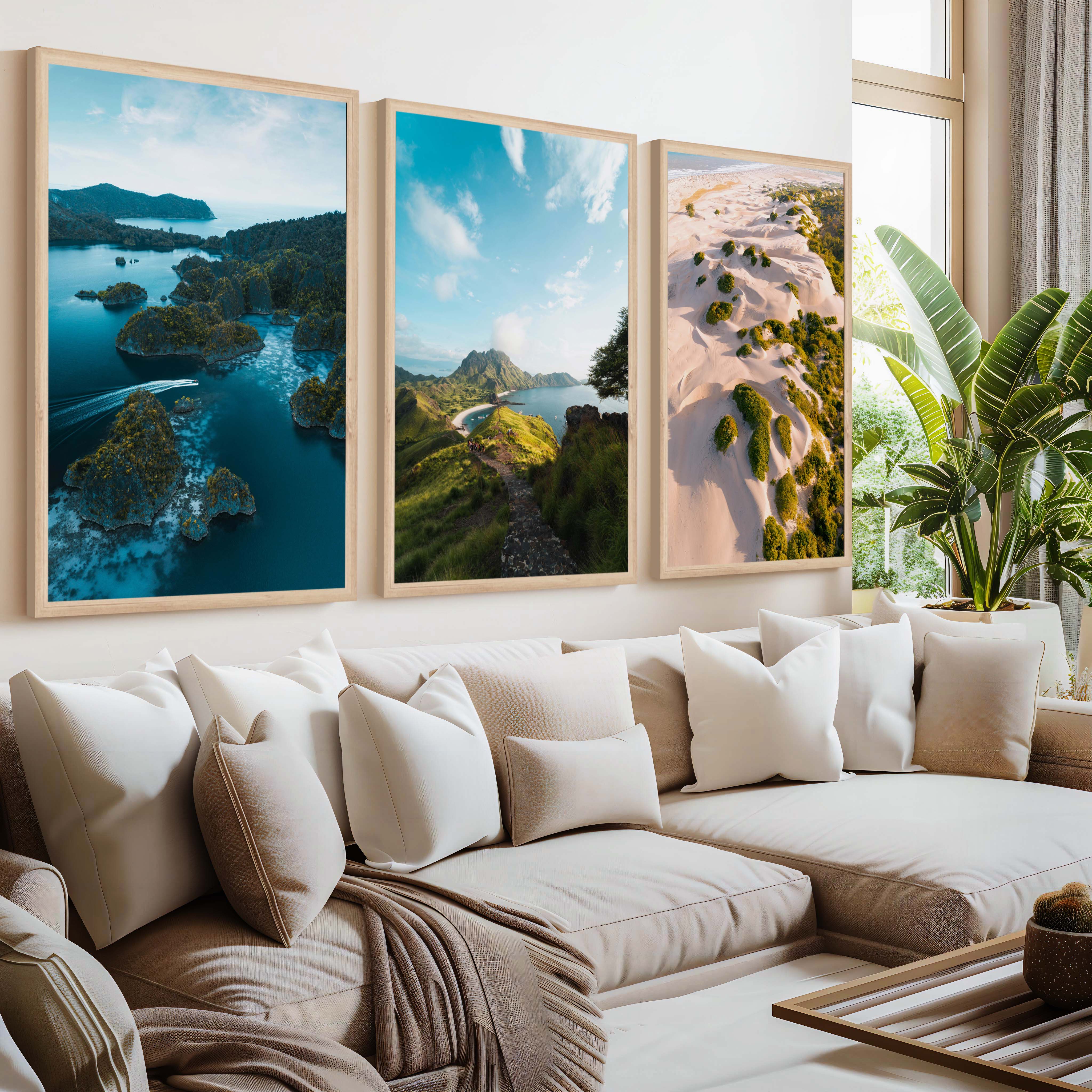 Coastal Wall Prints – Scenic Tropical Views (Set of 3) - Natural Wood Framed Poster No Border - Artworksets