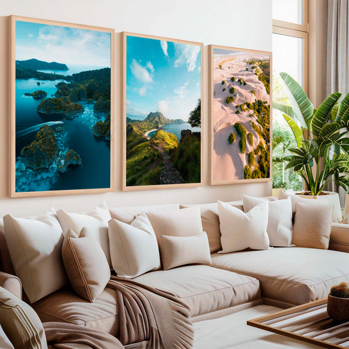 Coastal Wall Prints – Scenic Tropical Views (Set of 3) - Natural Wood Framed Poster No Border - Artworksets