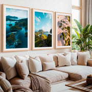 Coastal Wall Prints – Scenic Tropical Views (Set of 3)- Natural Wood Framed Poster with White Border - Artworksets