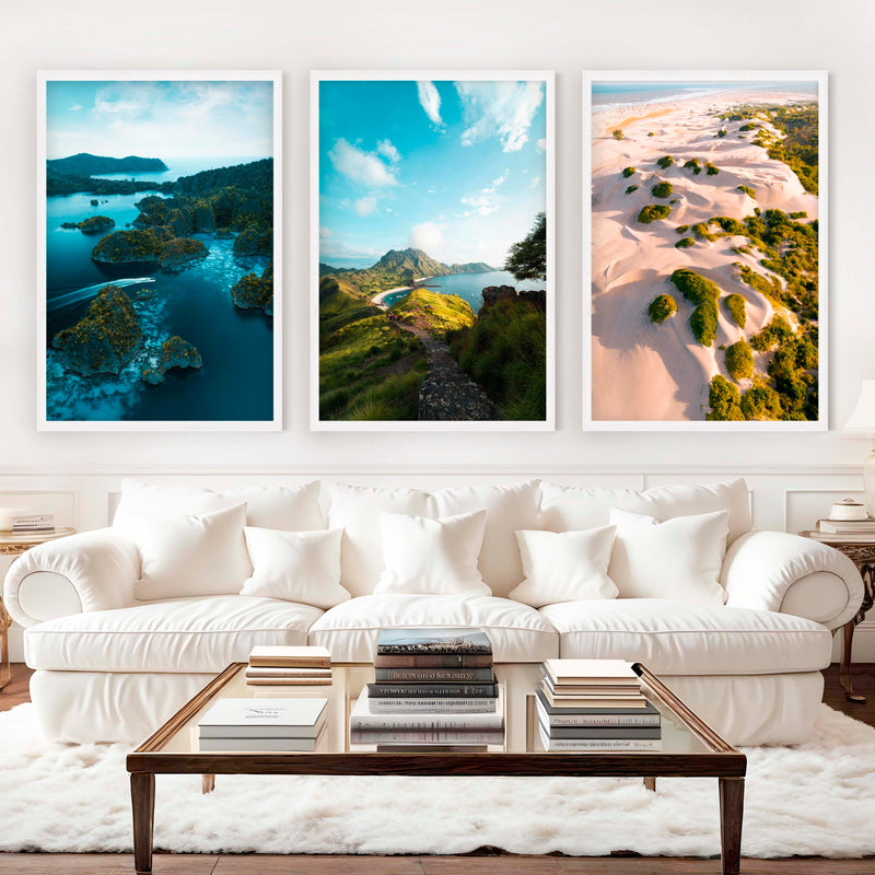Coastal Wall Prints – Scenic Tropical Views (Set of 3) - White Framed Poster No Border - Artworksets