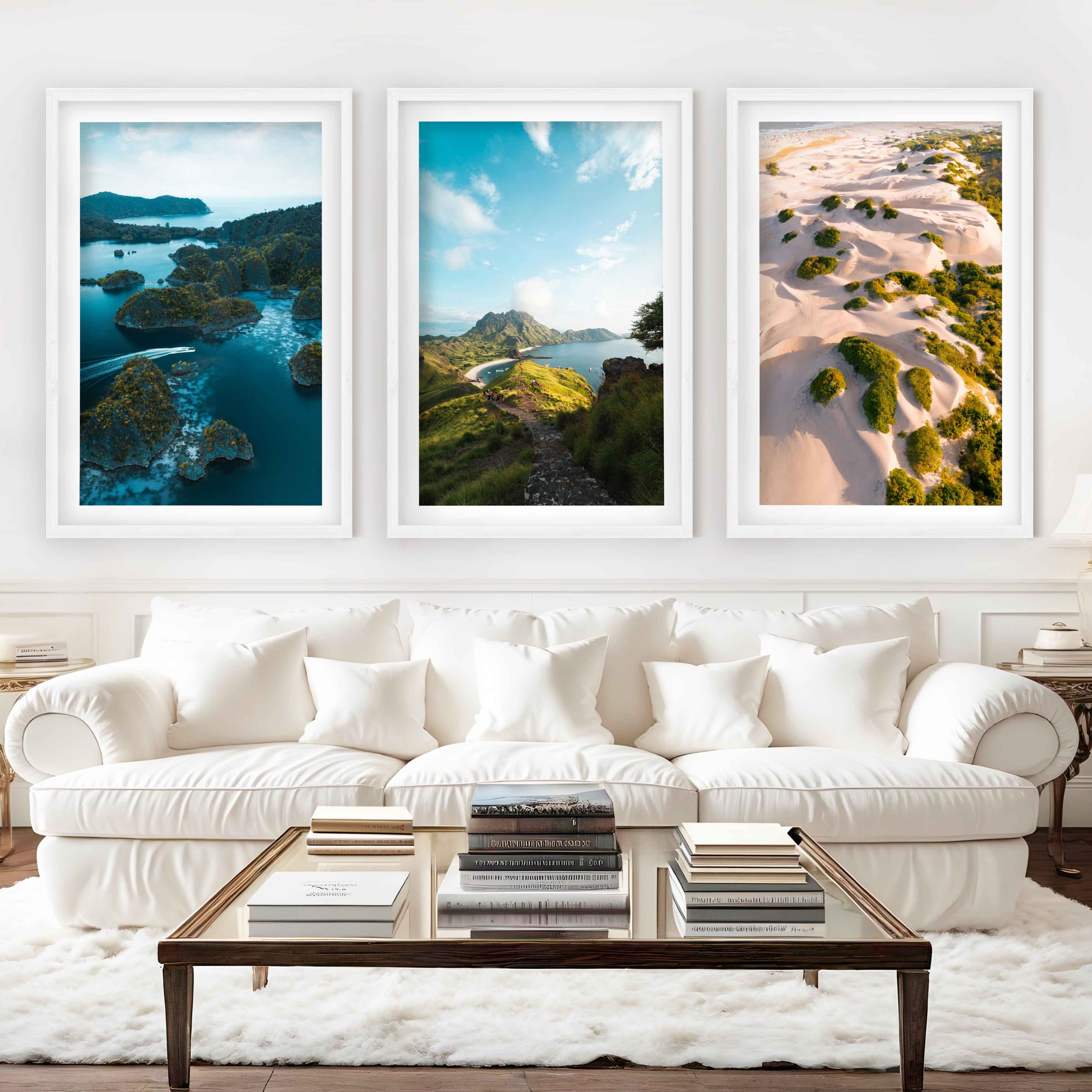 Coastal Wall Prints – Scenic Tropical Views (Set of 3) - White Framed Poster with White Border - Artworksets