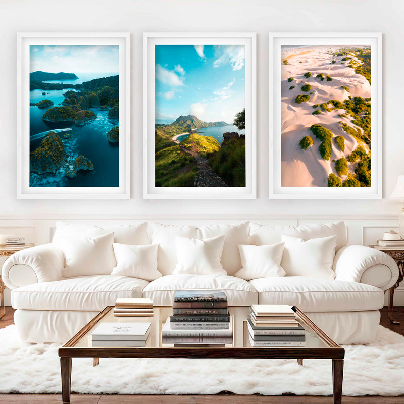 Coastal Wall Prints – Scenic Tropical Views (Set of 3) - White Framed Poster with White Border - Artworksets