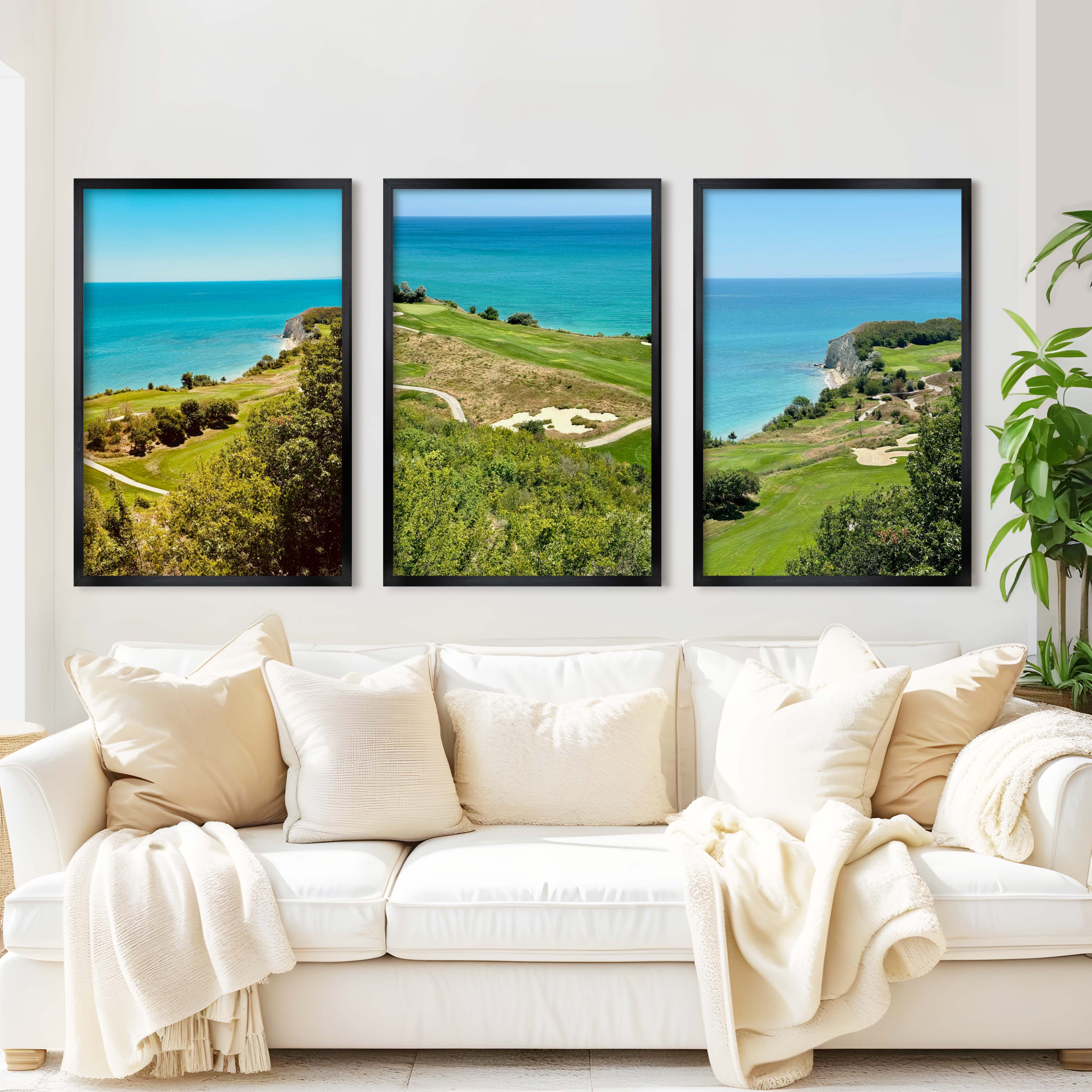 Coastal Wall Set – Vibrant Cliffs & Green Coast Views (3 Prints) - Black Framed Poster No Border - Artworksets