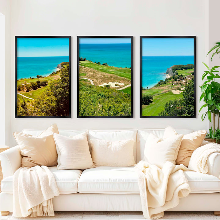 Coastal Wall Set – Vibrant Cliffs & Green Coast Views (3 Prints) - Black Framed Poster No Border - Artworksets