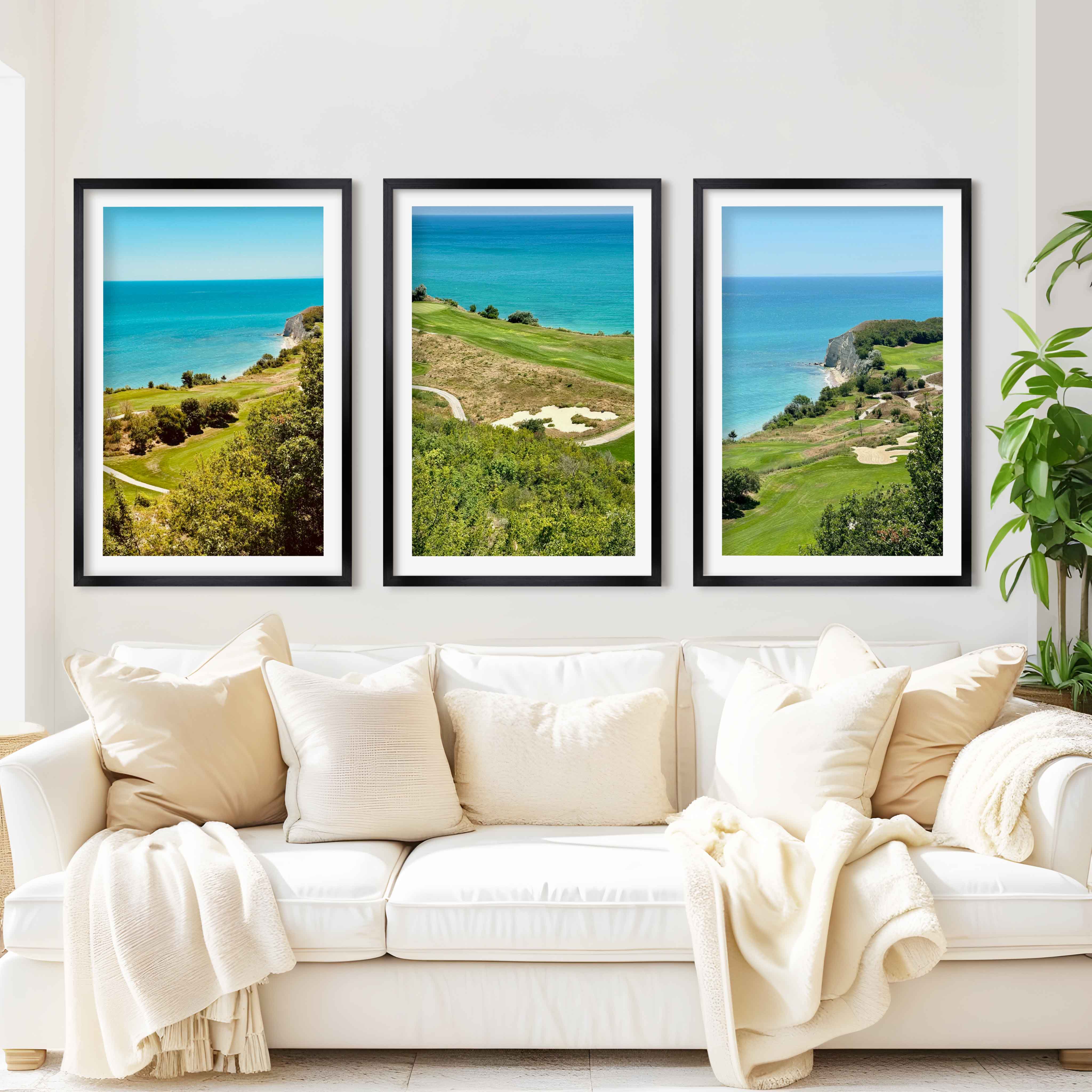 Coastal Wall Set – Vibrant Cliffs & Green Coast Views (3 Prints) - Black Framed Poster with White Border - Artworksets