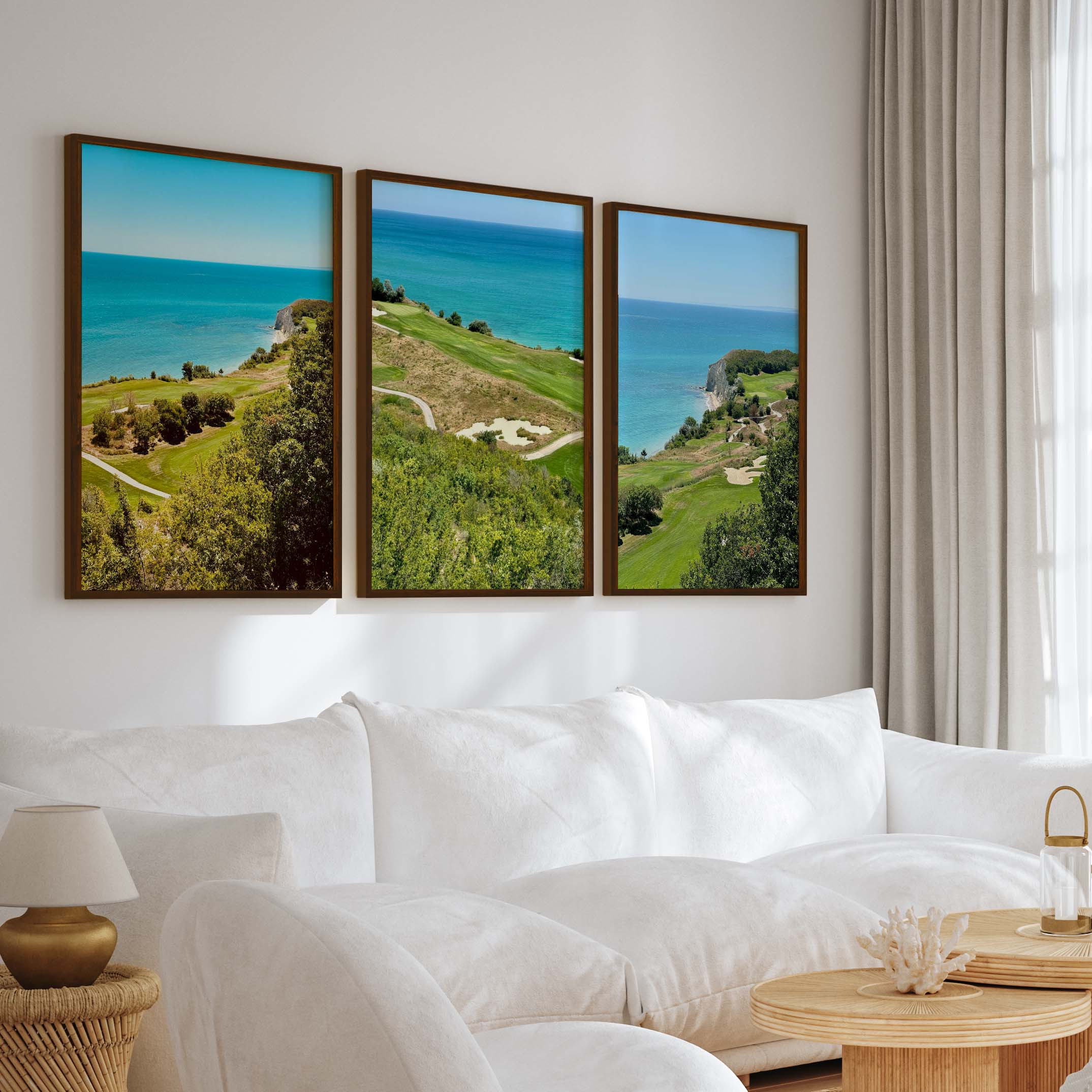 Coastal Wall Set – Vibrant Cliffs & Green Coast Views (3 Prints) - Dark Brown Framed Poster No Border - Artworksets