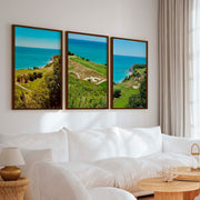 Coastal Wall Set – Vibrant Cliffs & Green Coast Views (3 Prints) - Dark Brown Framed Poster No Border - Artworksets