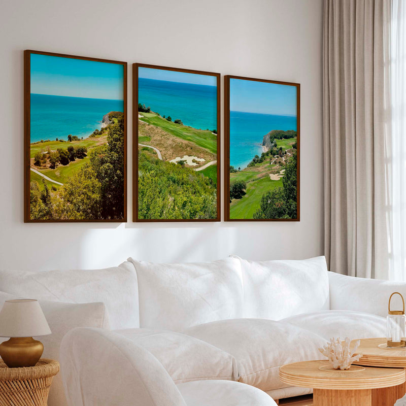Coastal Wall Set – Vibrant Cliffs & Green Coast Views (3 Prints) - Dark Brown Framed Poster No Border - Artworksets