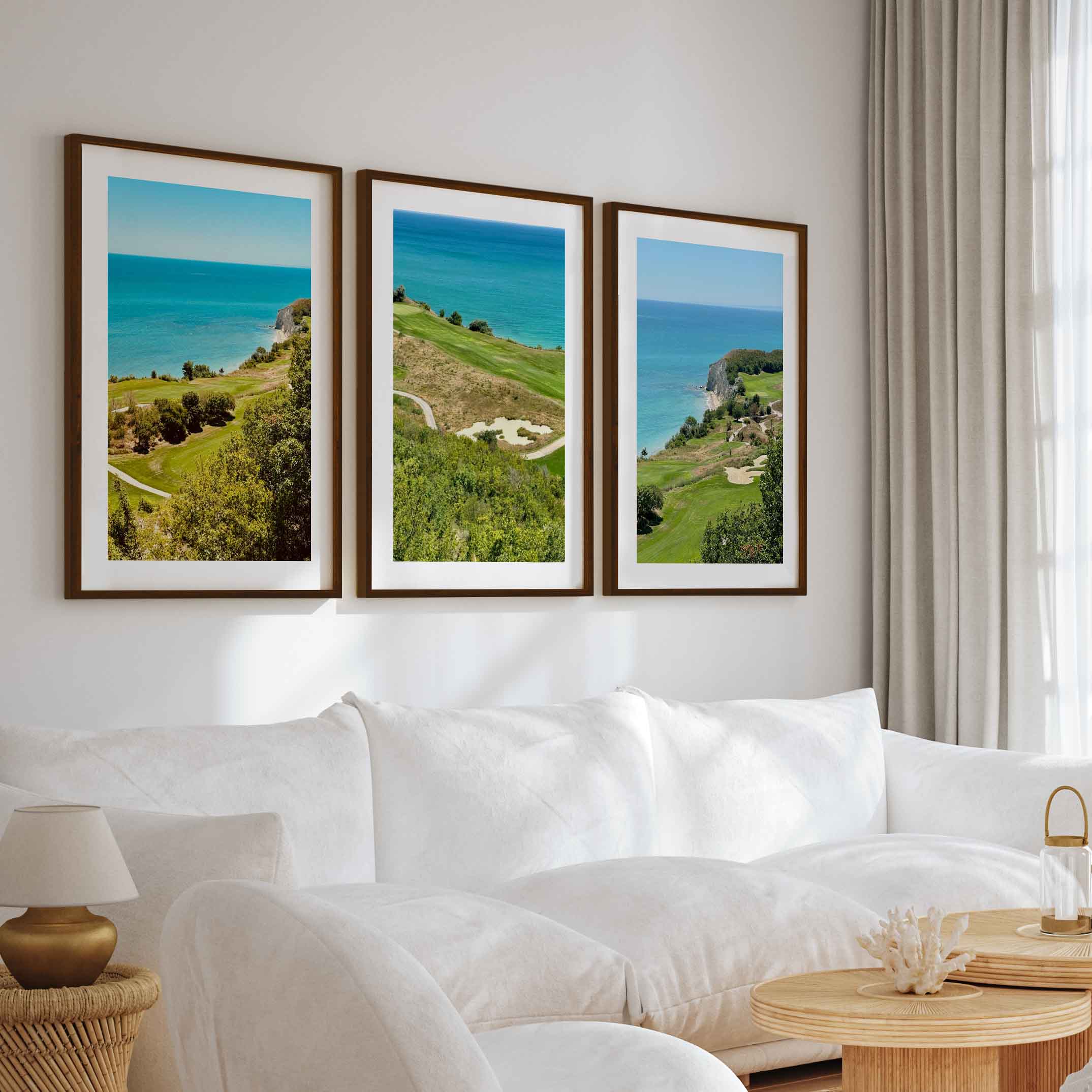 Coastal Wall Set – Vibrant Cliffs & Green Coast Views (3 Prints) - Dark Brown Framed Poster with White Border - Artworksets