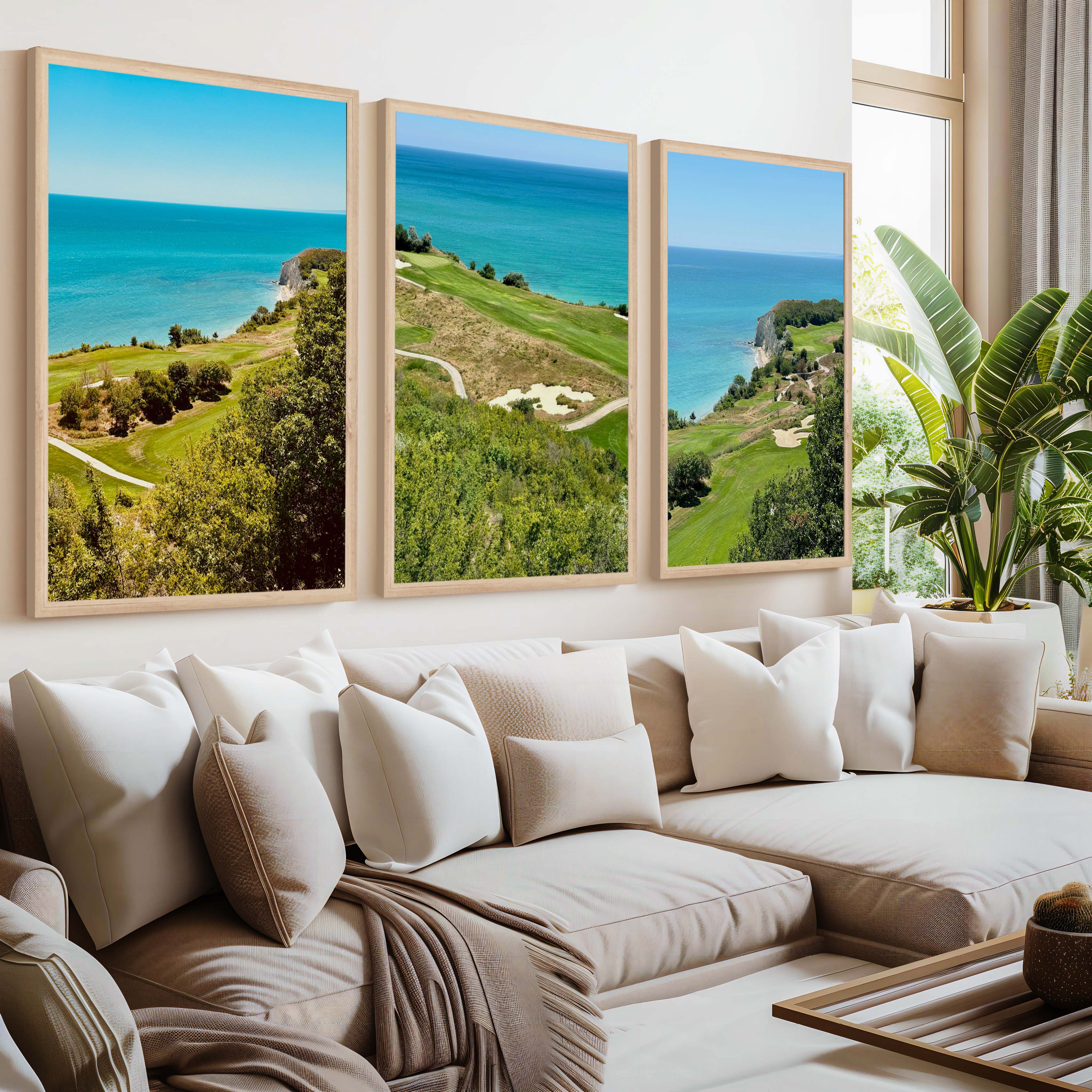 Coastal Wall Set – Vibrant Cliffs & Green Coast Views (3 Prints) - Natural Wood Framed Poster No Border - Artworksets