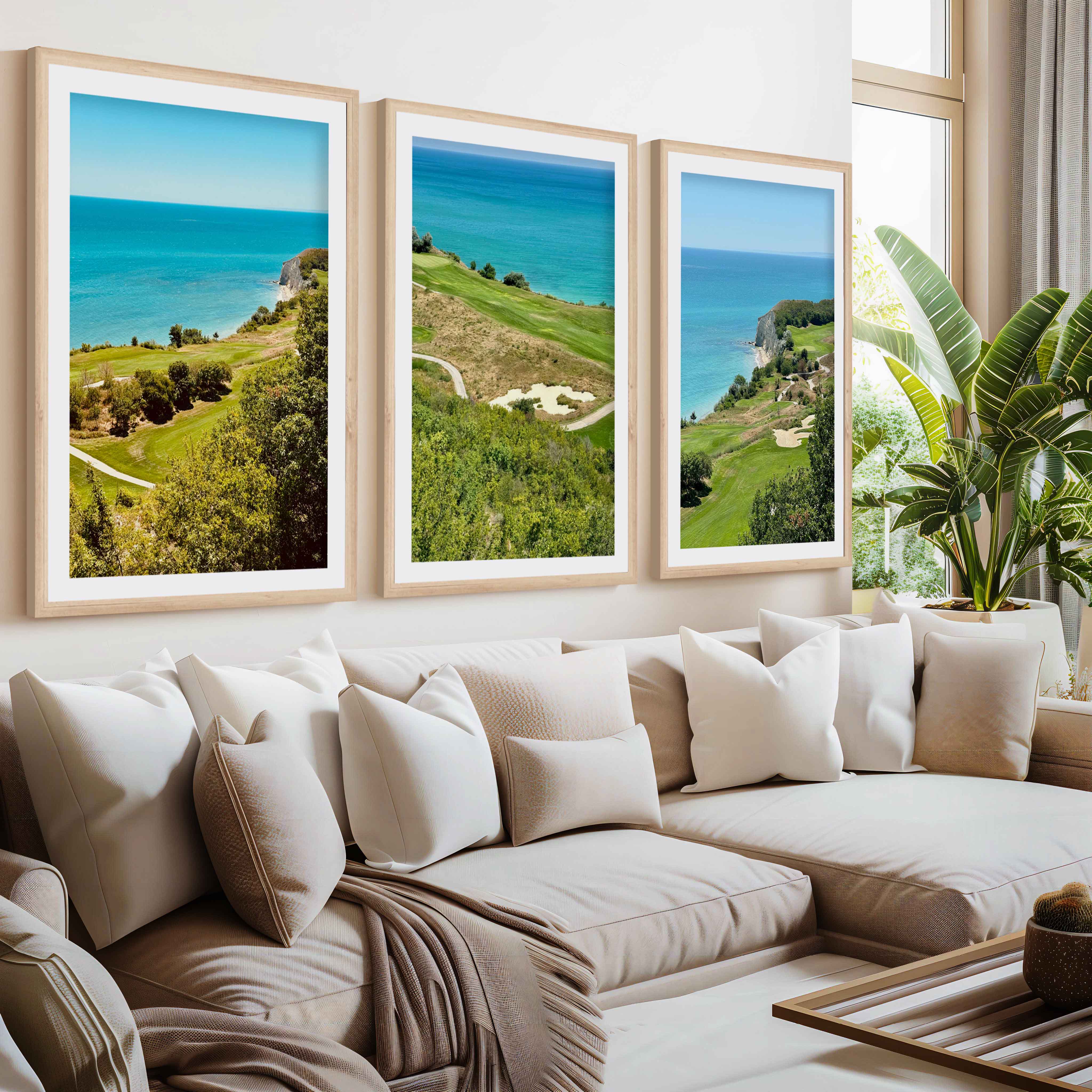 Coastal Wall Set – Vibrant Cliffs & Green Coast Views (3 Prints)- Natural Wood Framed Poster with White Border - Artworksets