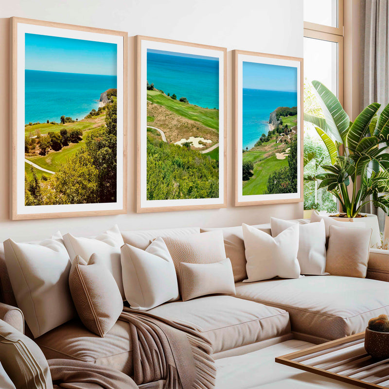 Coastal Wall Set – Vibrant Cliffs & Green Coast Views (3 Prints)- Natural Wood Framed Poster with White Border - Artworksets