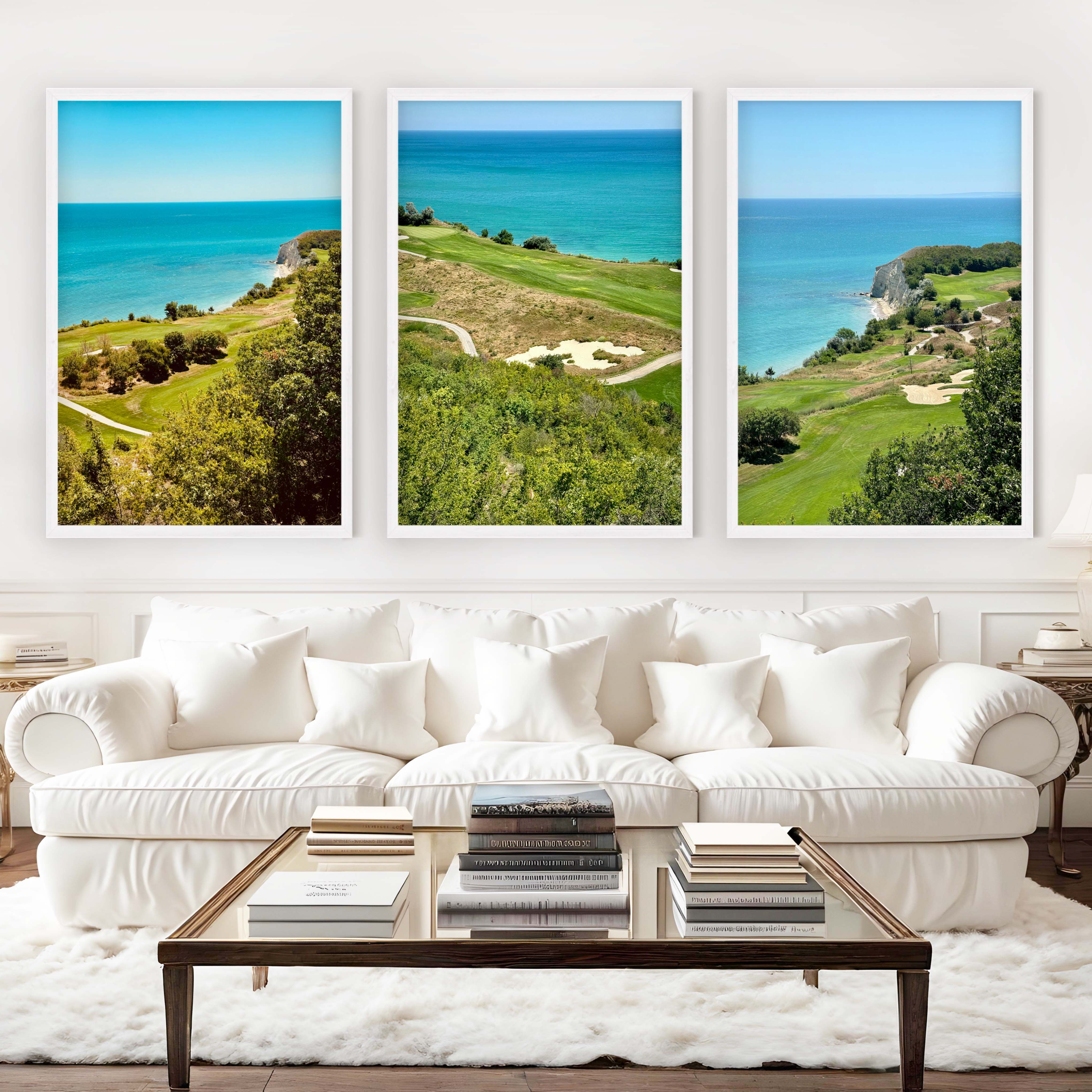 Coastal Wall Set – Vibrant Cliffs & Green Coast Views (3 Prints) - White Framed Poster No Border - Artworksets