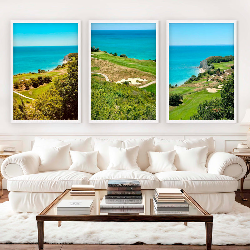 Coastal Wall Set – Vibrant Cliffs & Green Coast Views (3 Prints) - White Framed Poster No Border - Artworksets