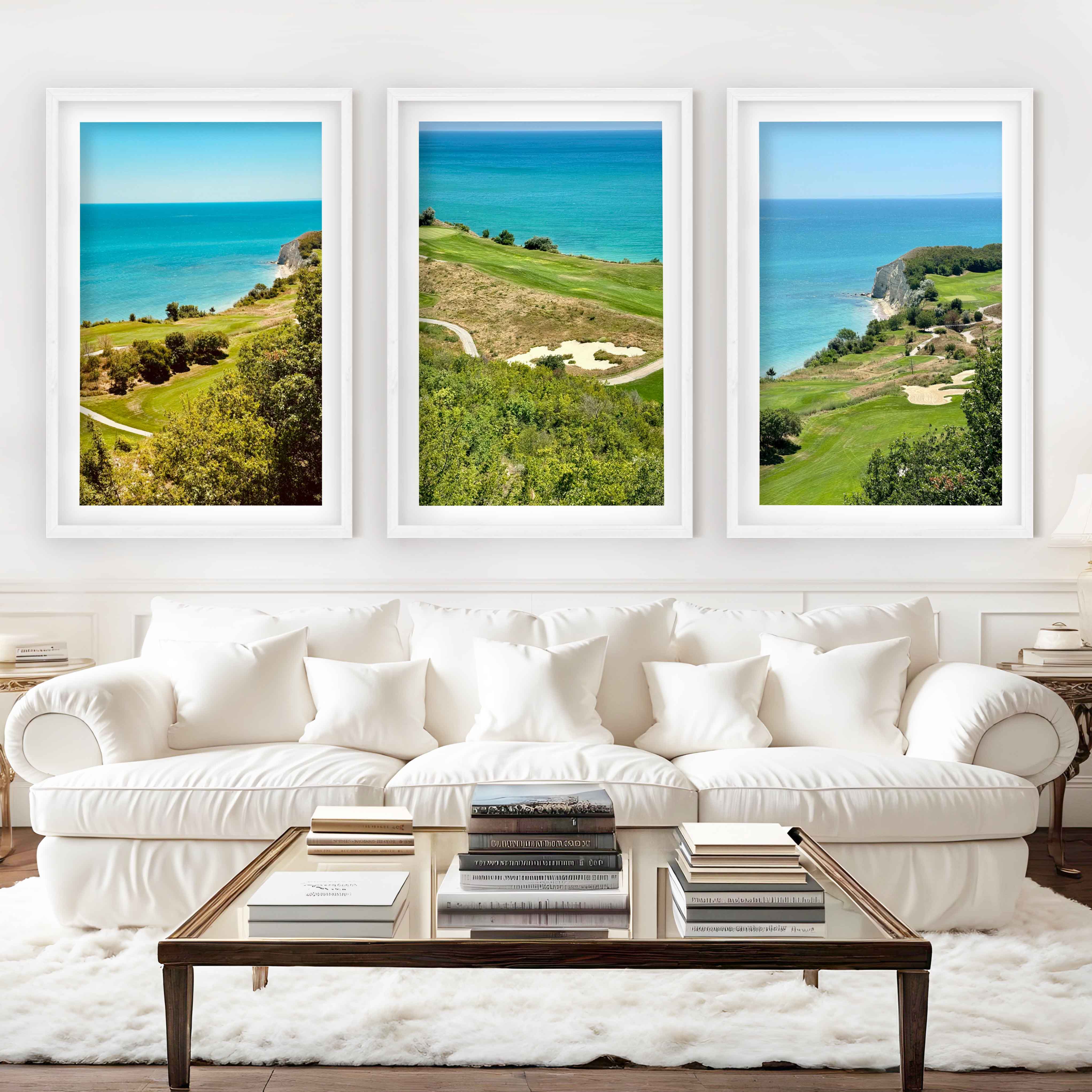 Coastal Wall Set – Vibrant Cliffs & Green Coast Views (3 Prints) - White Framed Poster with White Border - Artworksets