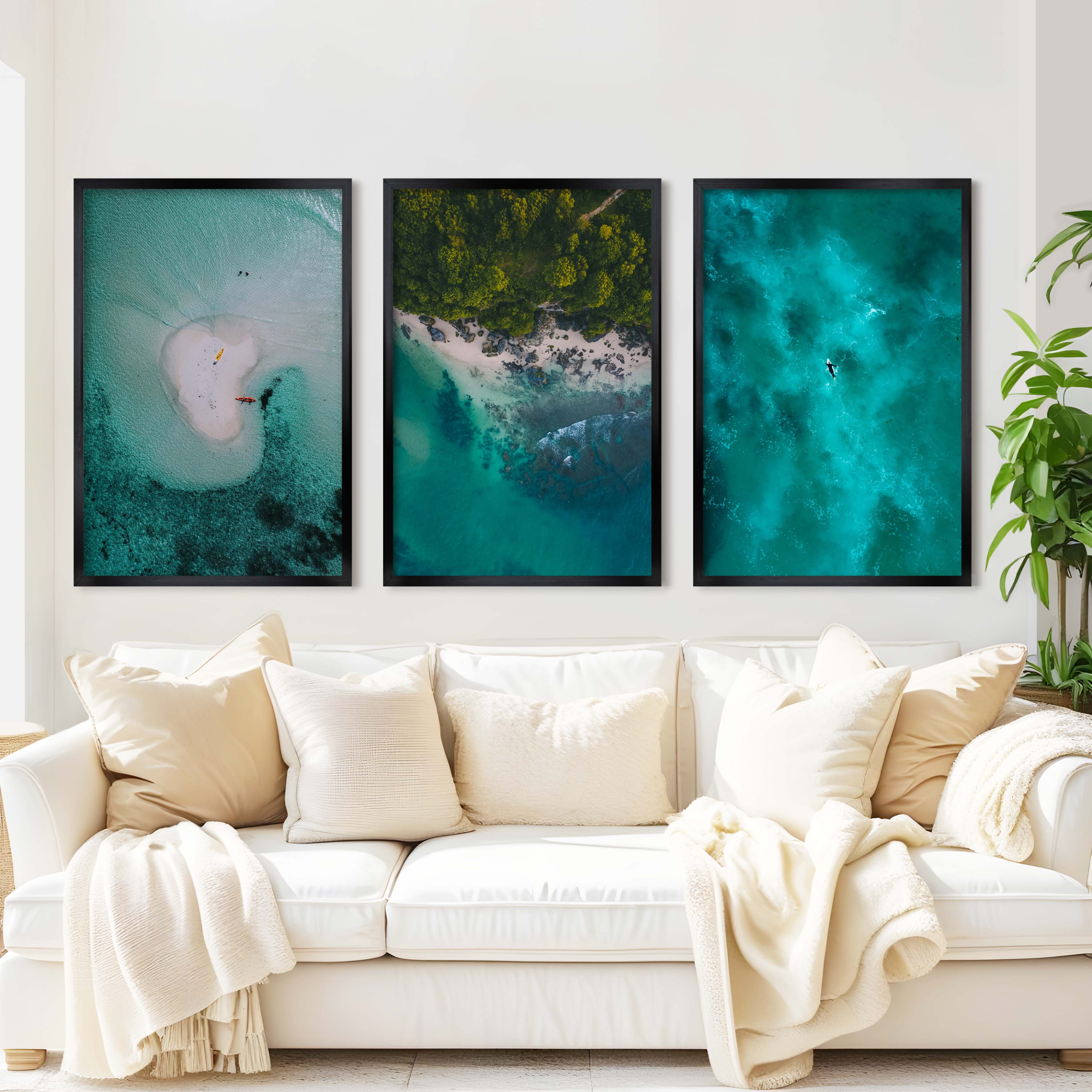Coastline Wall Art – Aerial Kayak & Ocean Textures (Set of 3) - Black Framed Poster No Border - Artworksets