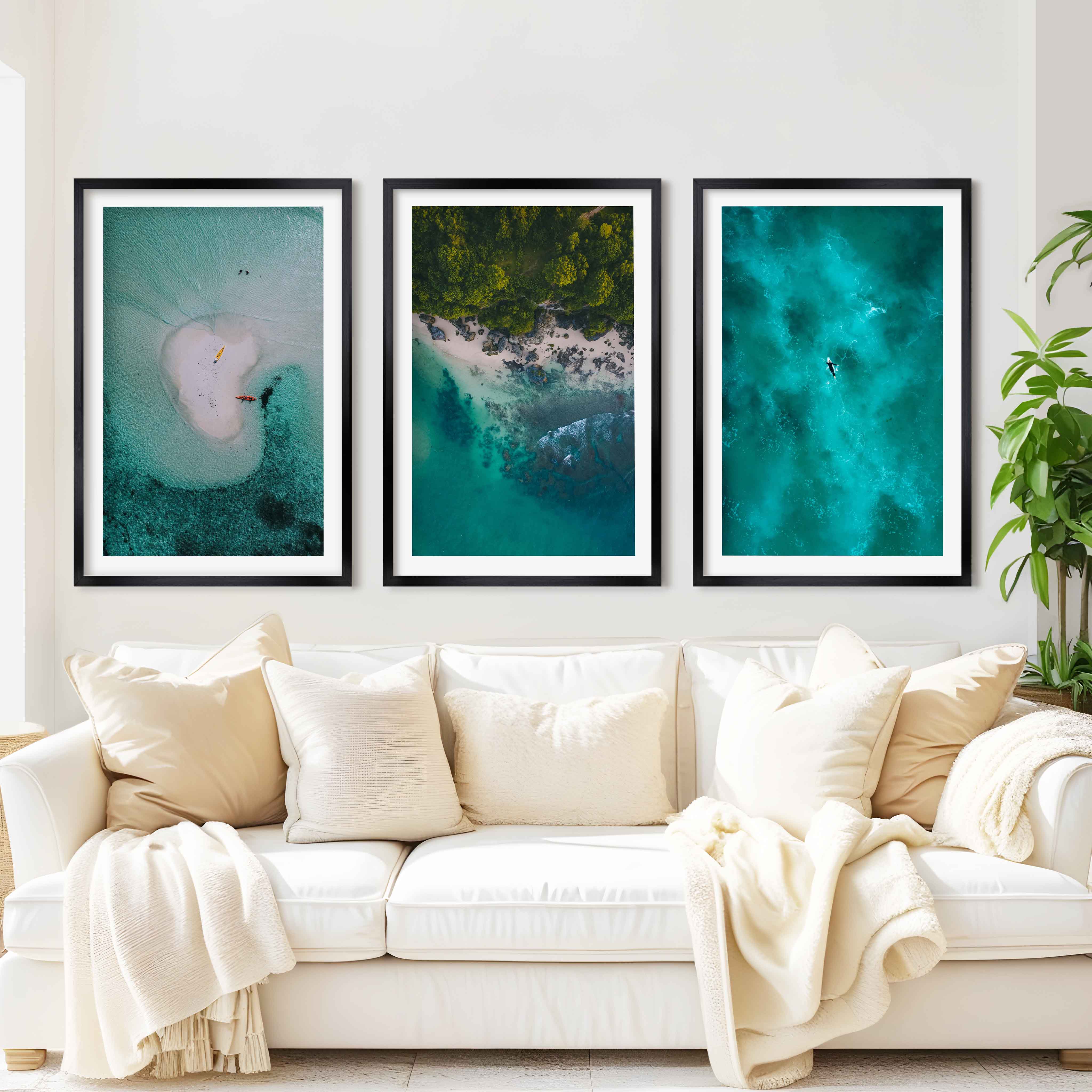 Coastline Wall Art – Aerial Kayak & Ocean Textures (Set of 3) - Black Framed Poster with White Border - Artworksets