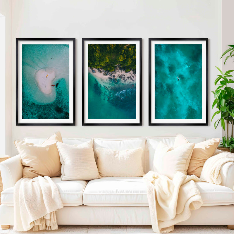 Coastline Wall Art – Aerial Kayak & Ocean Textures (Set of 3) - Black Framed Poster with White Border - Artworksets