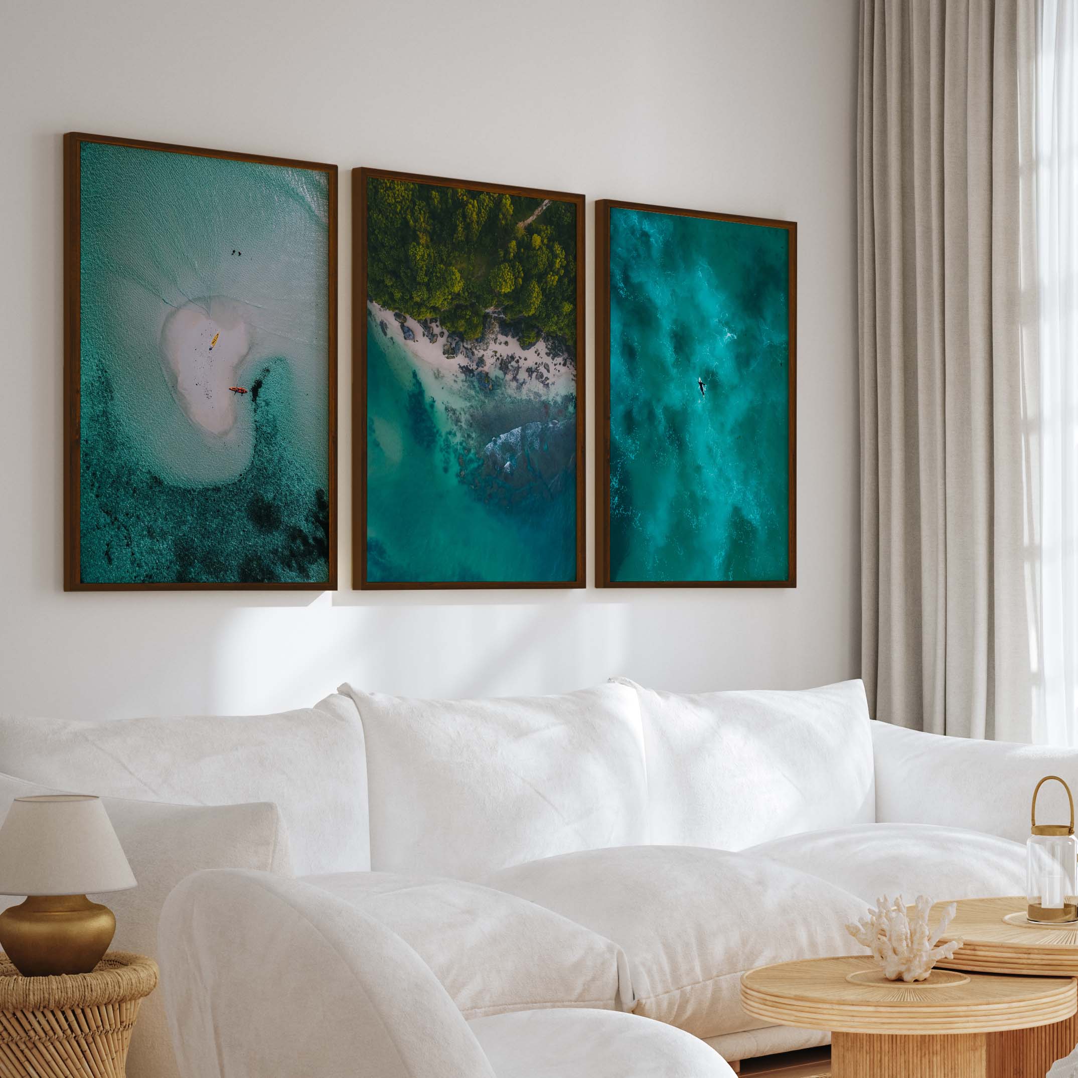 Coastline Wall Art – Aerial Kayak & Ocean Textures (Set of 3) - Dark Brown Framed Poster No Border - Artworksets