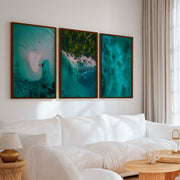 Coastline Wall Art – Aerial Kayak & Ocean Textures (Set of 3) - Dark Brown Framed Poster No Border - Artworksets